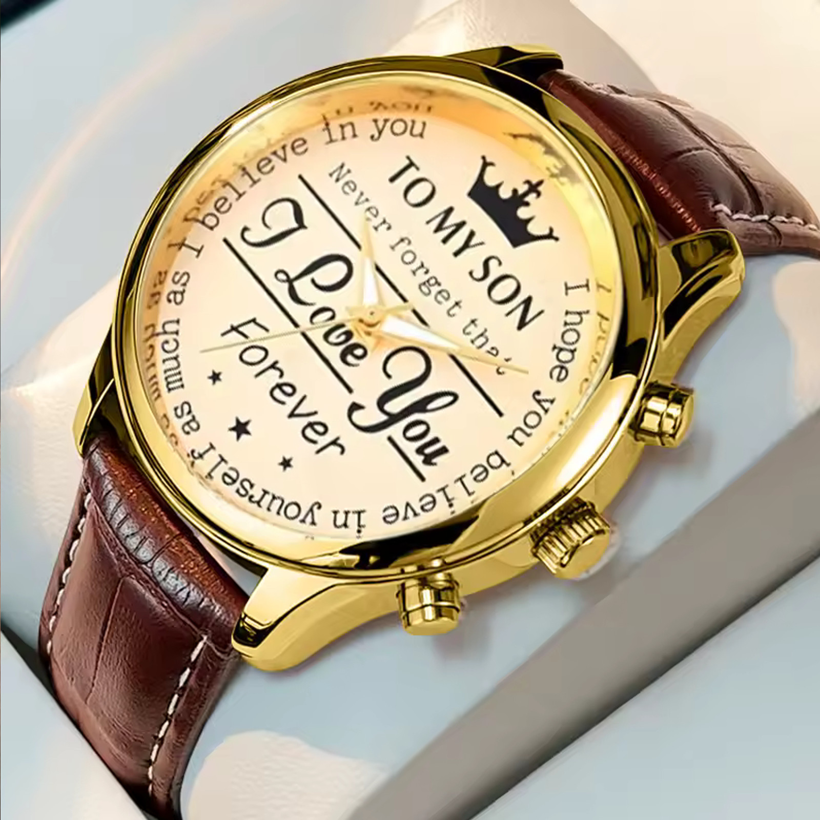 Men’s Gold Tone Watch “To My Son” Gift Dial Brown Croc Pattern PU Leather Strap