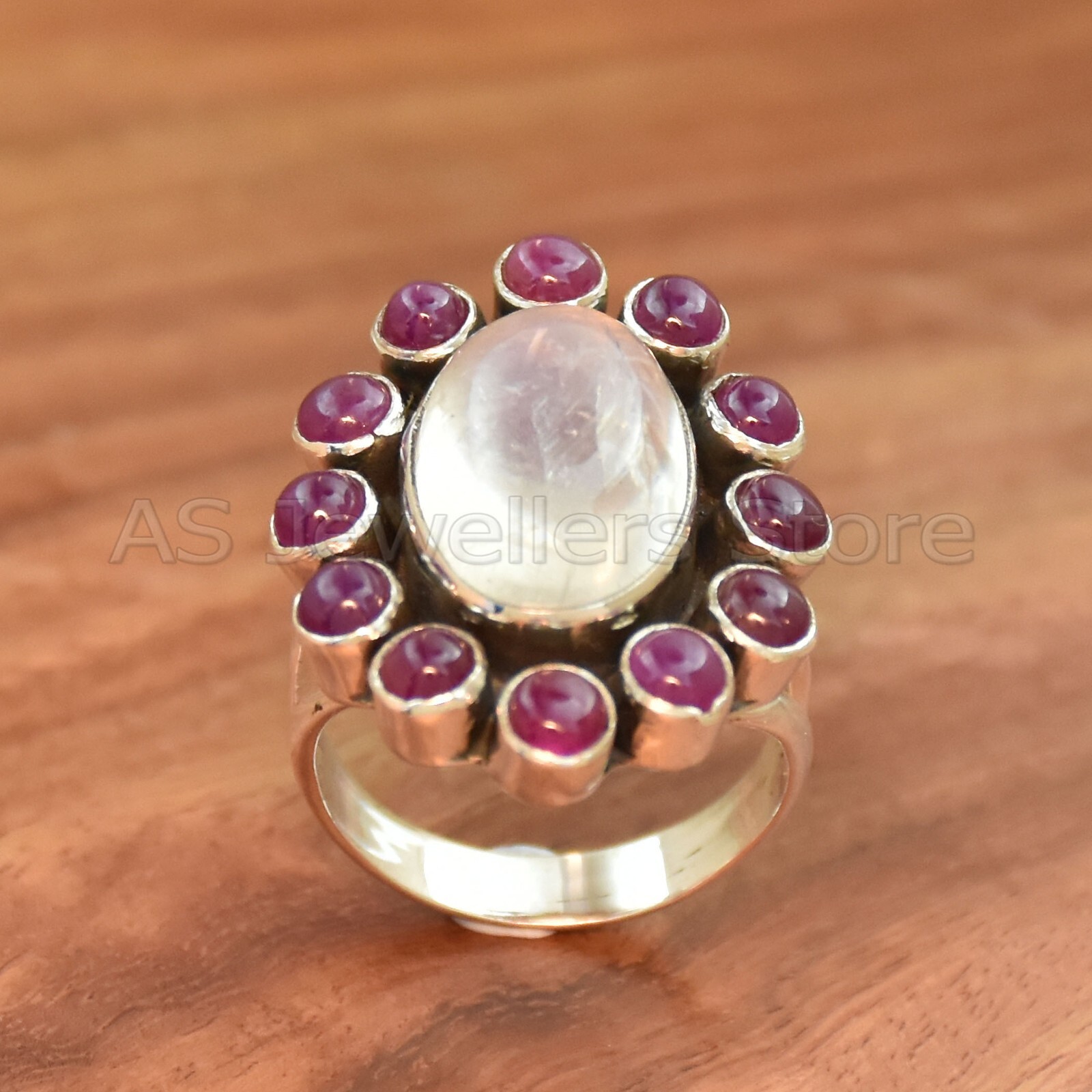 Rainbow Moonstone & Natural Ruby Ring, 925 Sterling Silver Ring, Handmade Ring