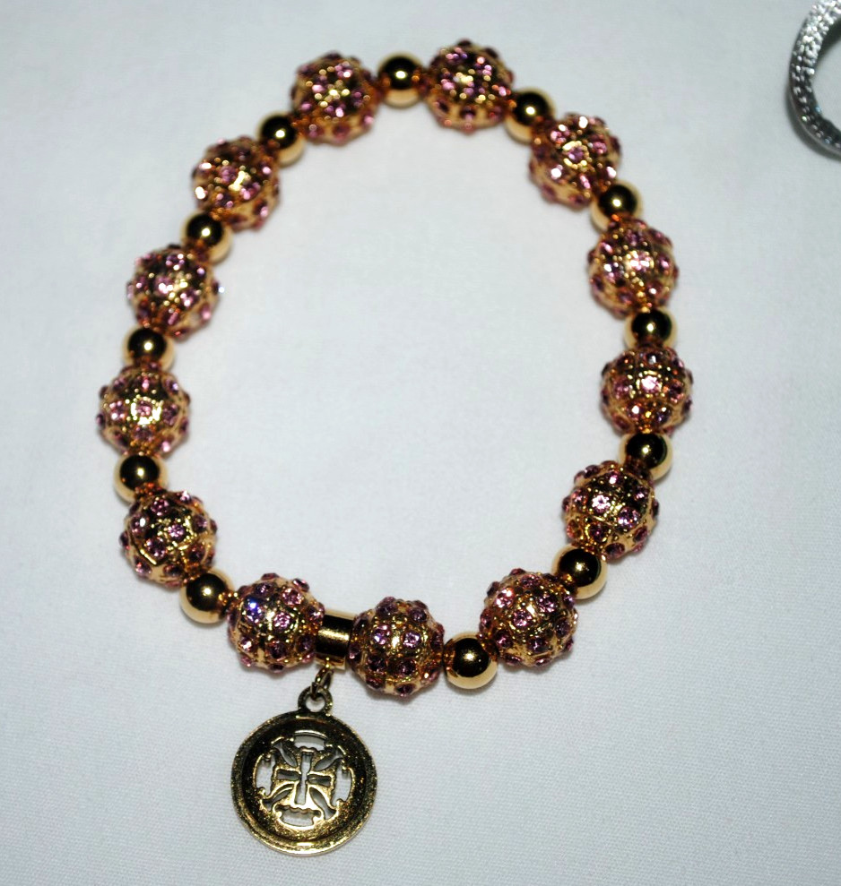 Rustic Cuff bracelet, goldtone beads, purple stones, goldtone charm, w/RC bag