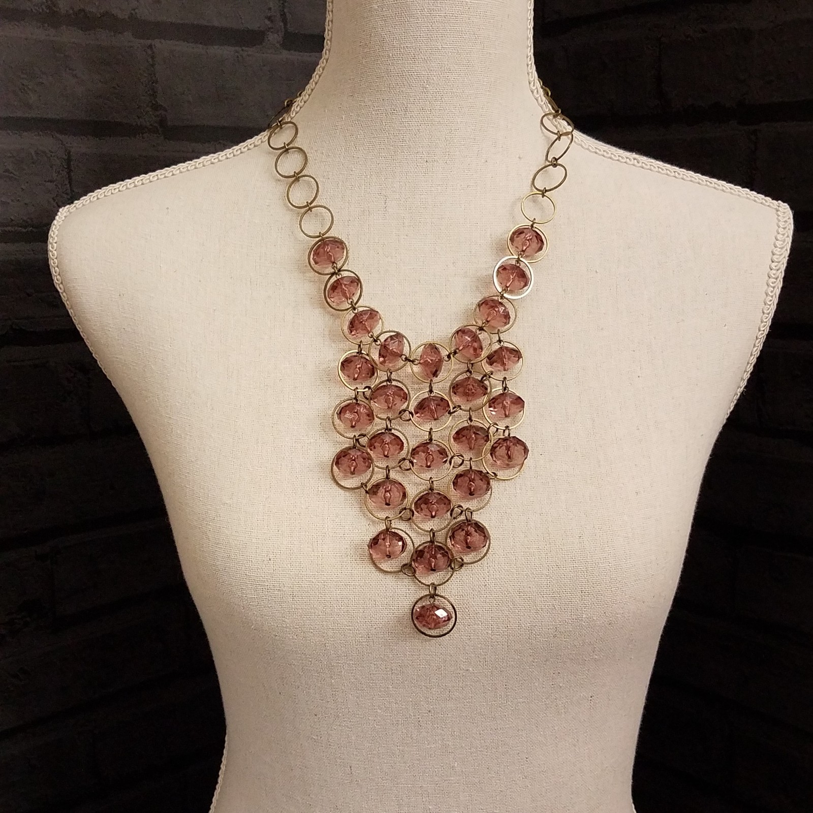 Vintage Lucite Bead Waterfall Boho Necklace Estate Purple Pink Beaded Jewelry