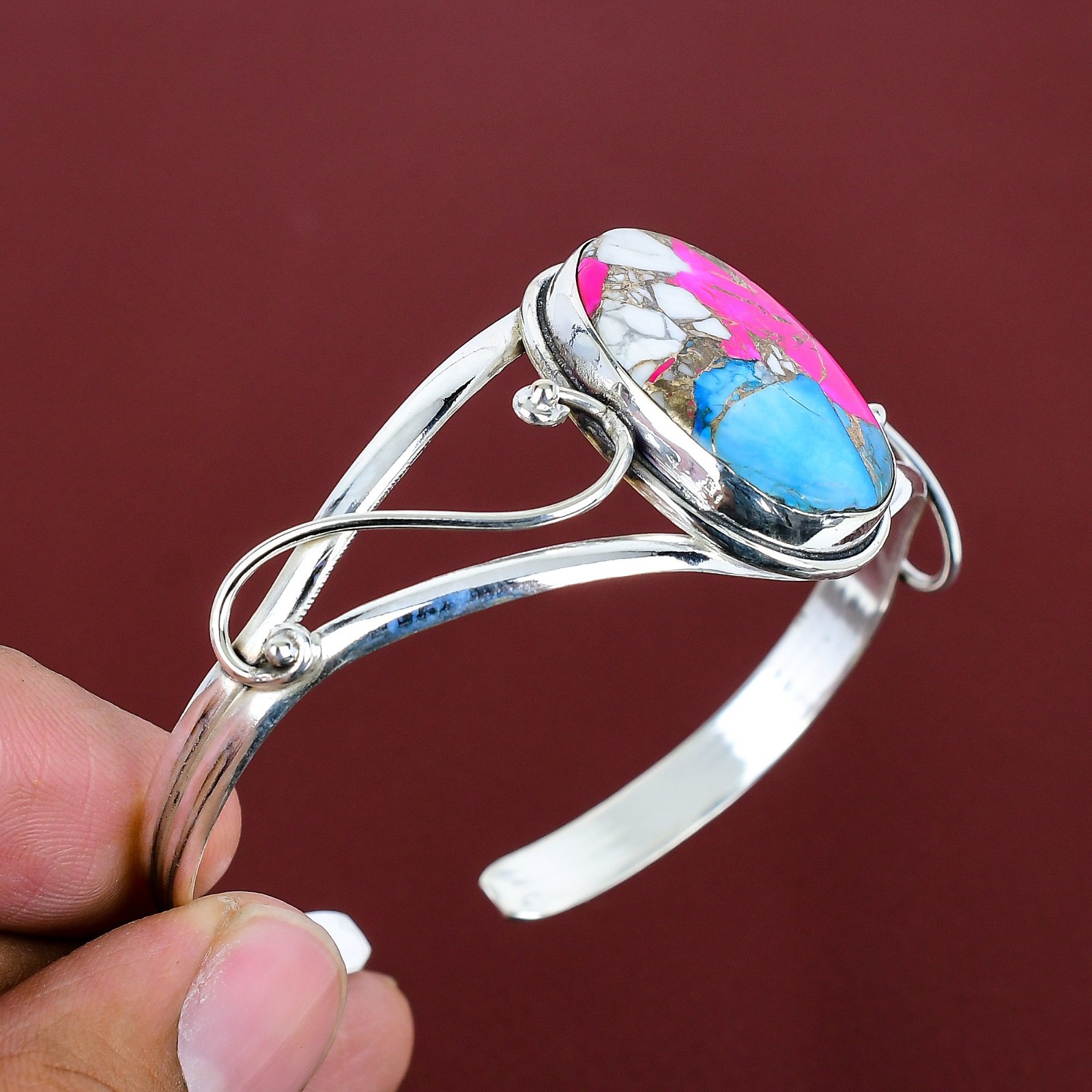 Cotton Candy Turquoise Gemstone 925 Sterling Silver Adjustable Cuff Bracelet