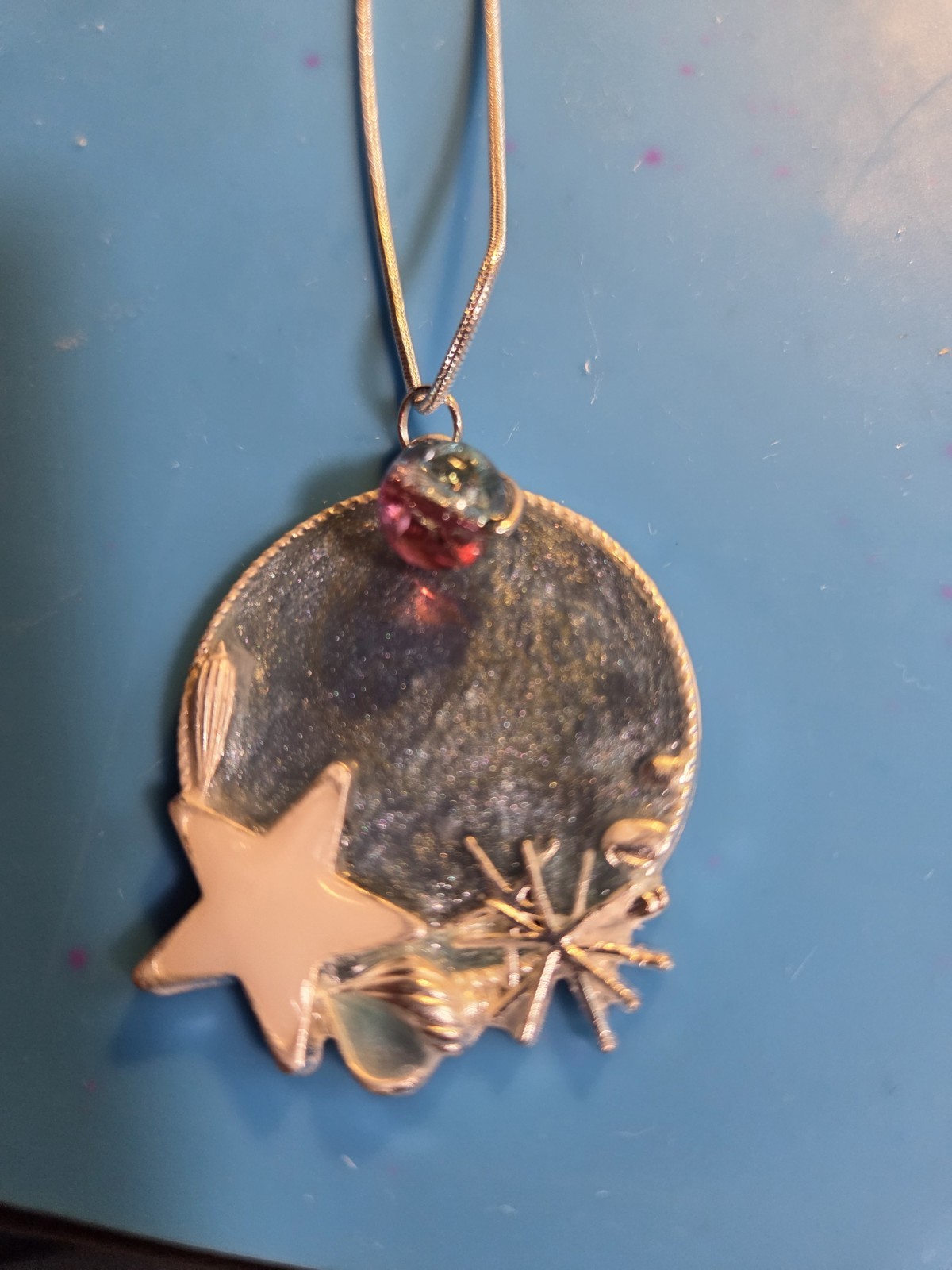 Handmade Resin Necklace, Sparkling Blue Celestial, Sterling Silver 18″ Chain