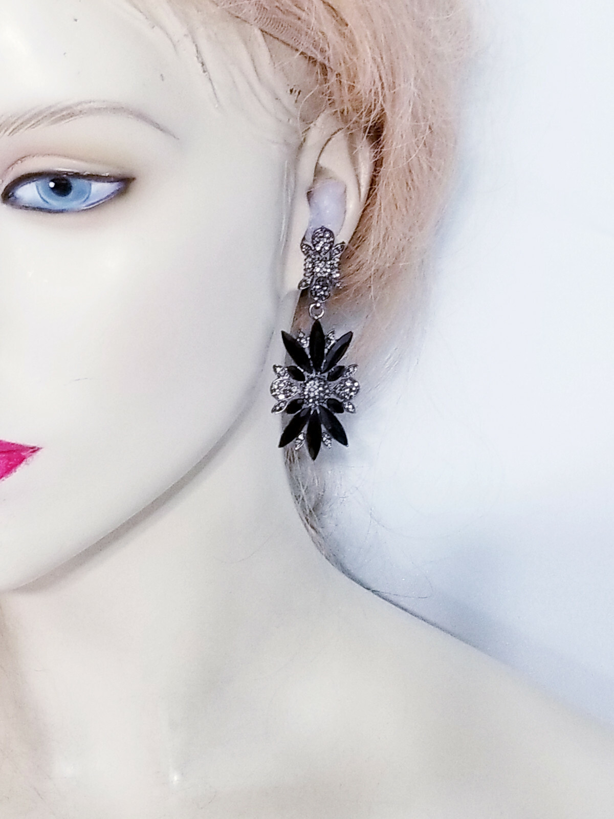 Rhinestone Chandelier Drop Earrings Steampunk Prom Pageant Jewelry 2.8 in Black