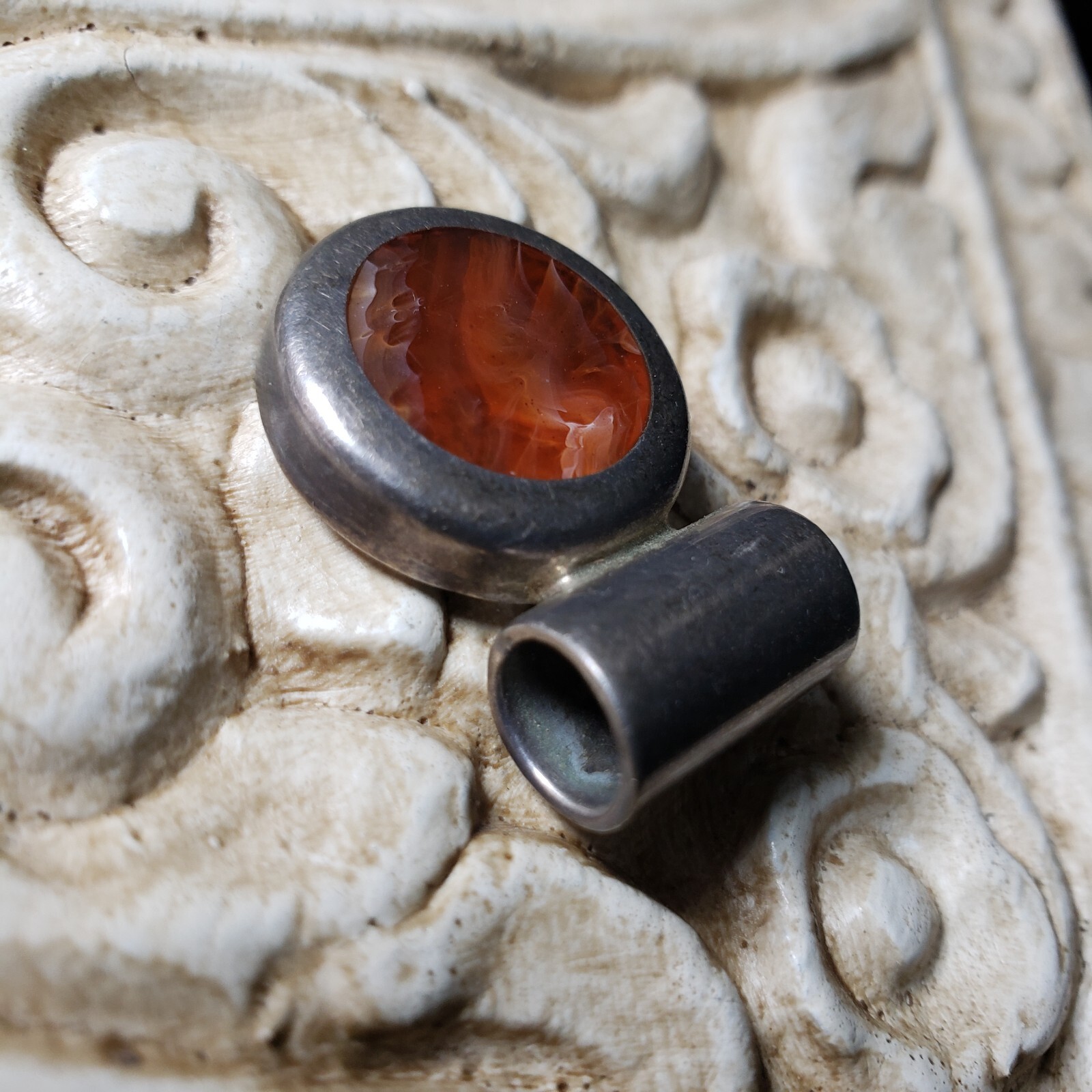 Vintage Necklace Pendant Sterling 925 Silver Agate Southwest Orange Cream Brown