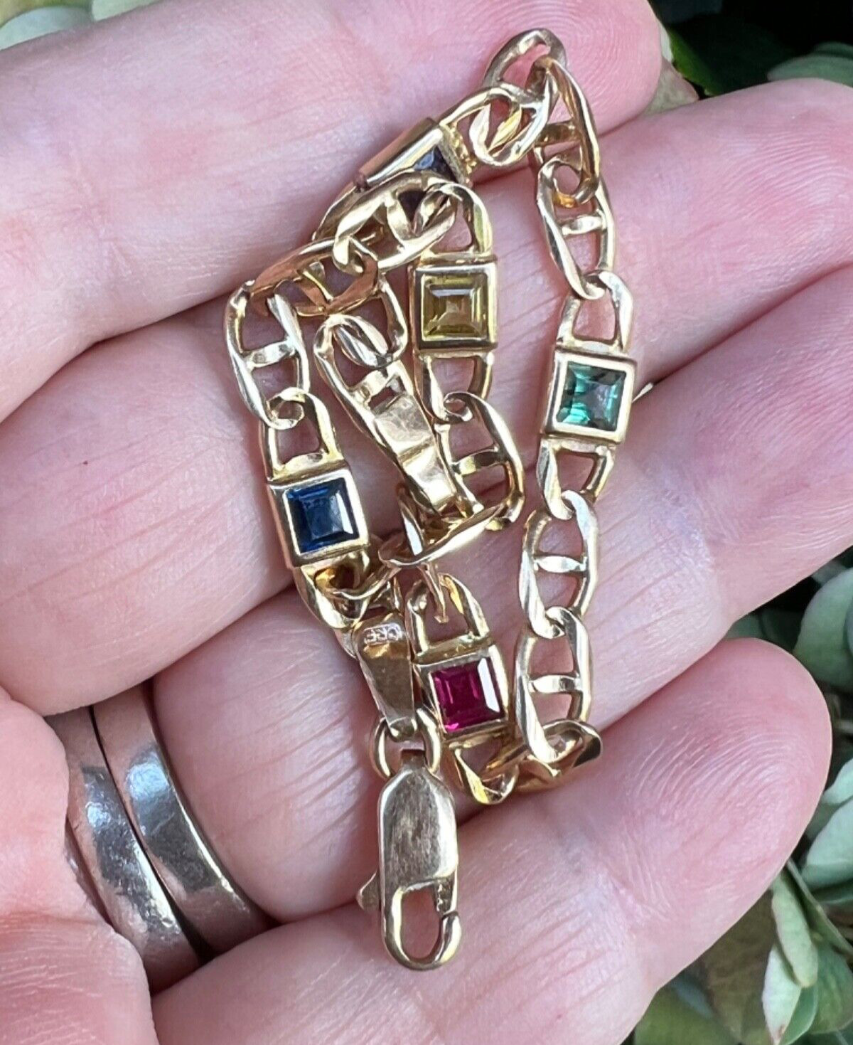 14K YELLOW GOLD MULTI GEMSTONES FIGARO BRACELET MADE IN ITALY CANDY COLORS