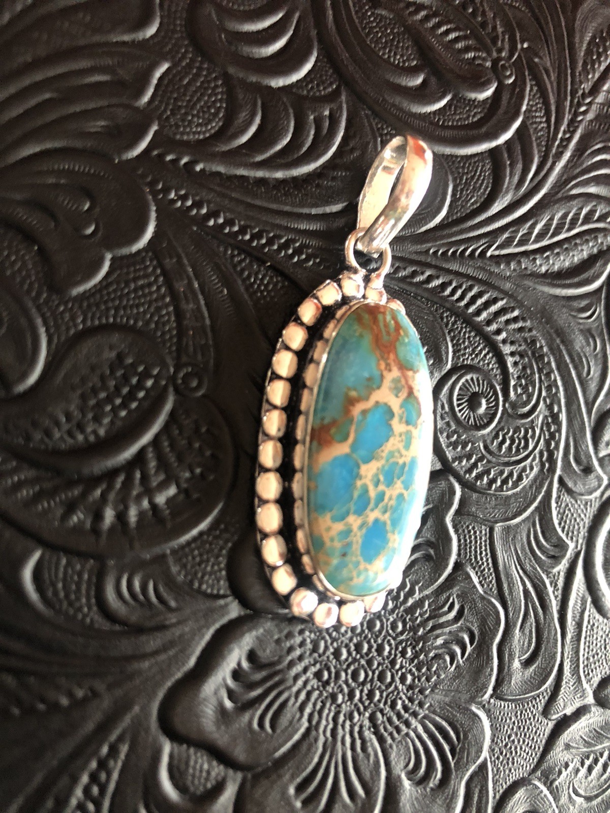 Blue with Brown Yellow Web Matrix Turquoise Pendant 2” Artisan