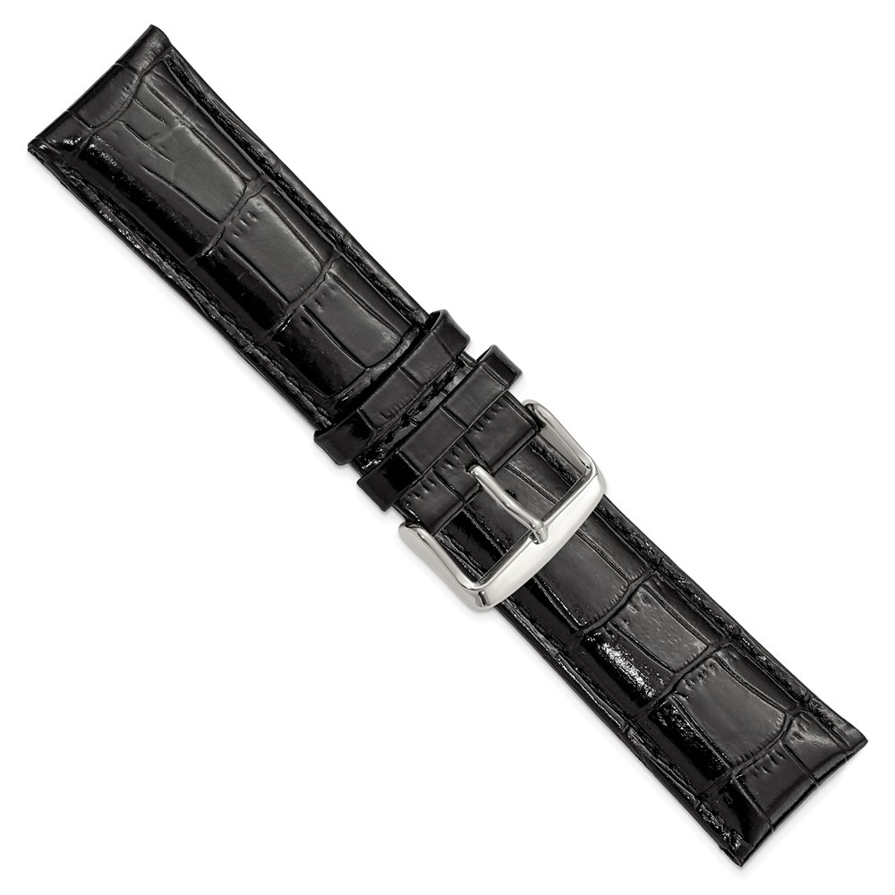 24mm 7.5″ Black Crocodile-Style Leather Chrono Silver-tone Buckle Watch Band