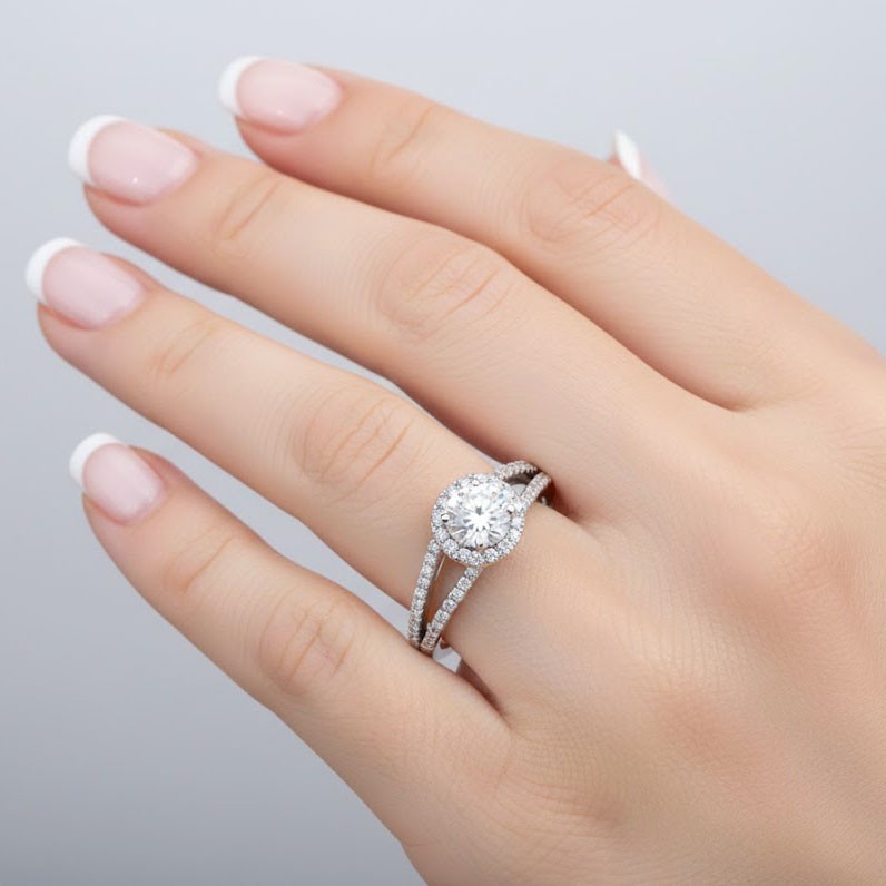 Side Stone Engagement Ring 18K Gold Halo 1.13 Carat Round Natural Diamond E SI1