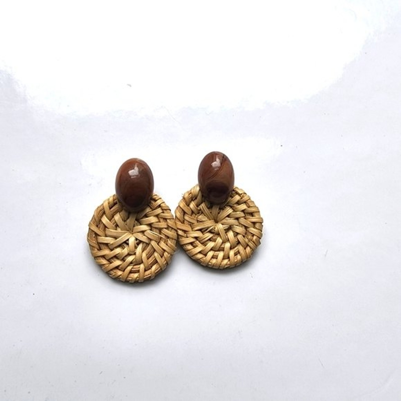 Wicker woven brown and tan post earrings, boho chic, modern, contemporary,