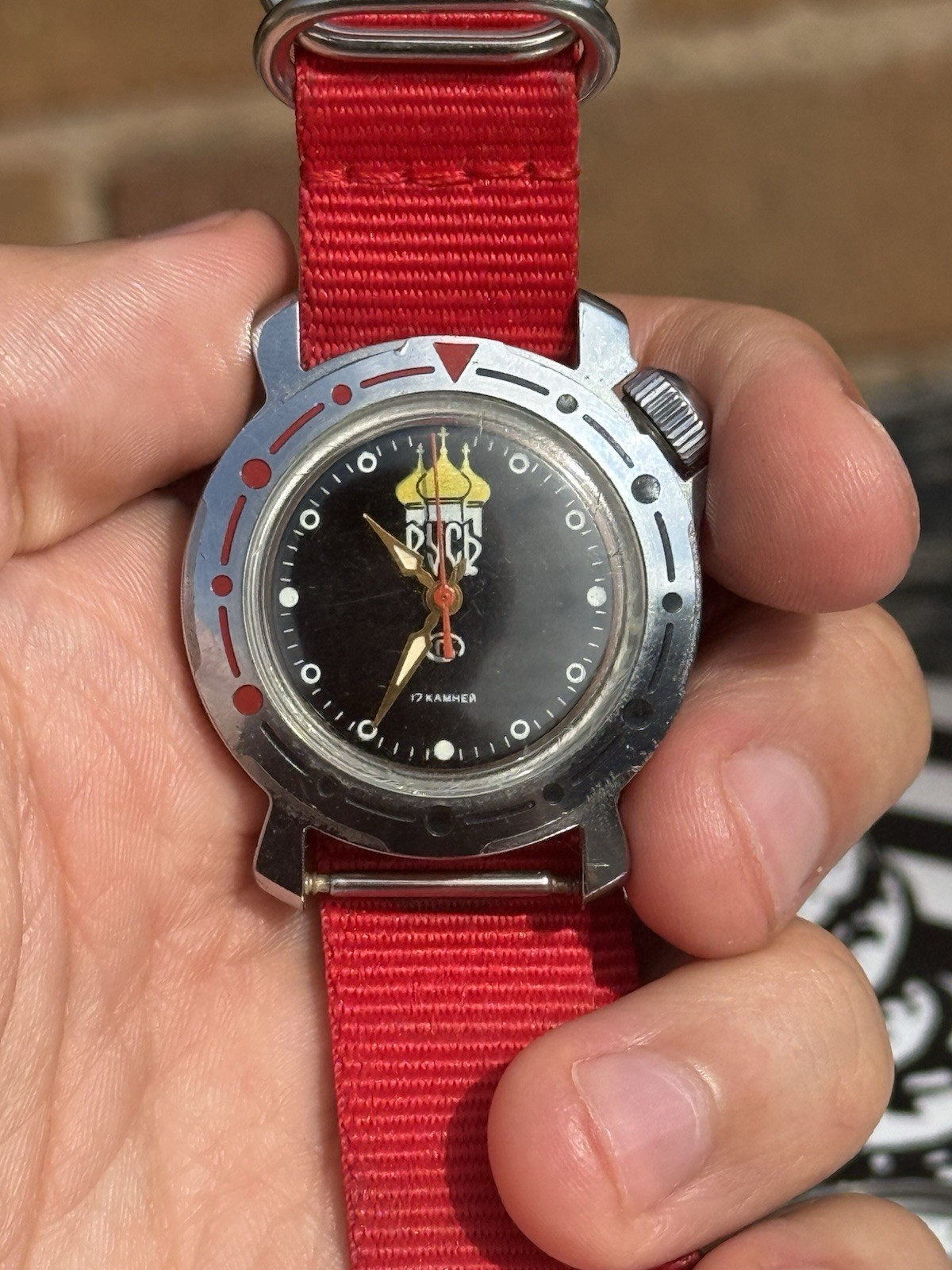 ⁠Vintage Vostok Rus Russian Soviet Era Mechanical Watch Red NATO Strap⁠