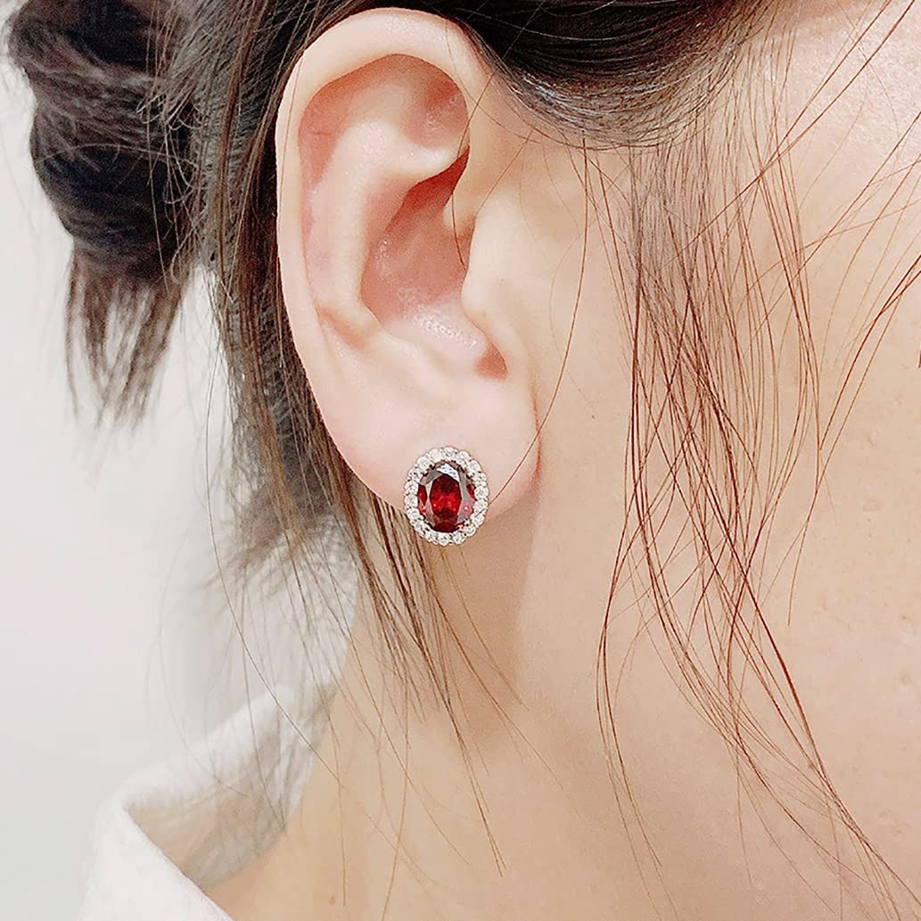 Red Zircon Oval Clip on Stud Earrings Non Pierced Stone Silver Tone