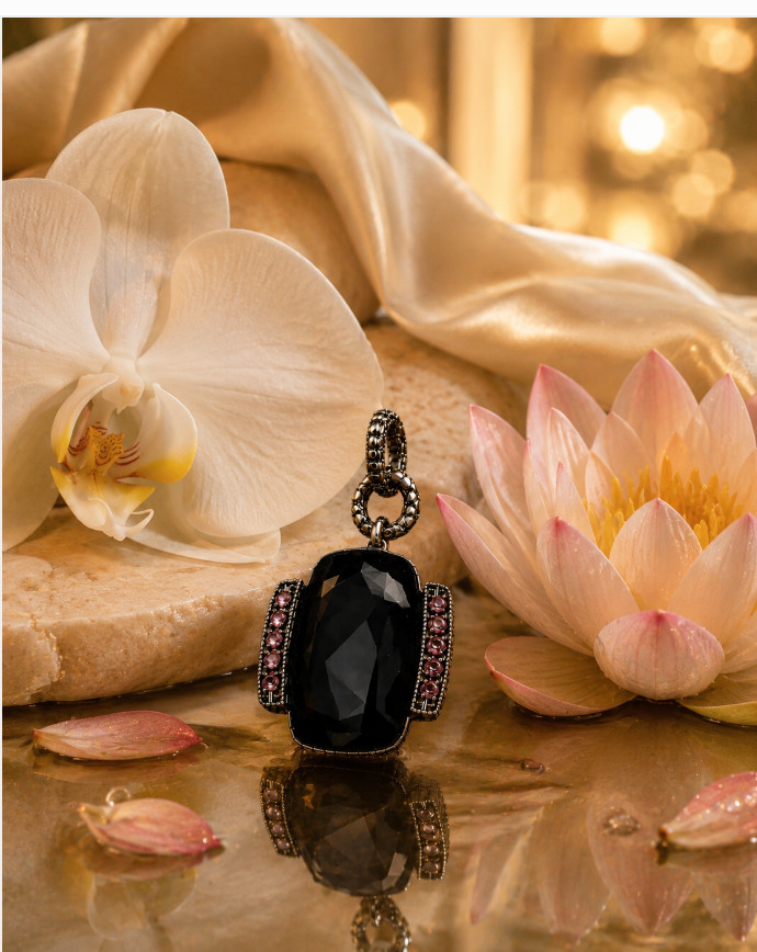 Barbara Bixby Black Onyx Cushion Cabochon Rhodolite Garnet Enhancer 925 18K NIB