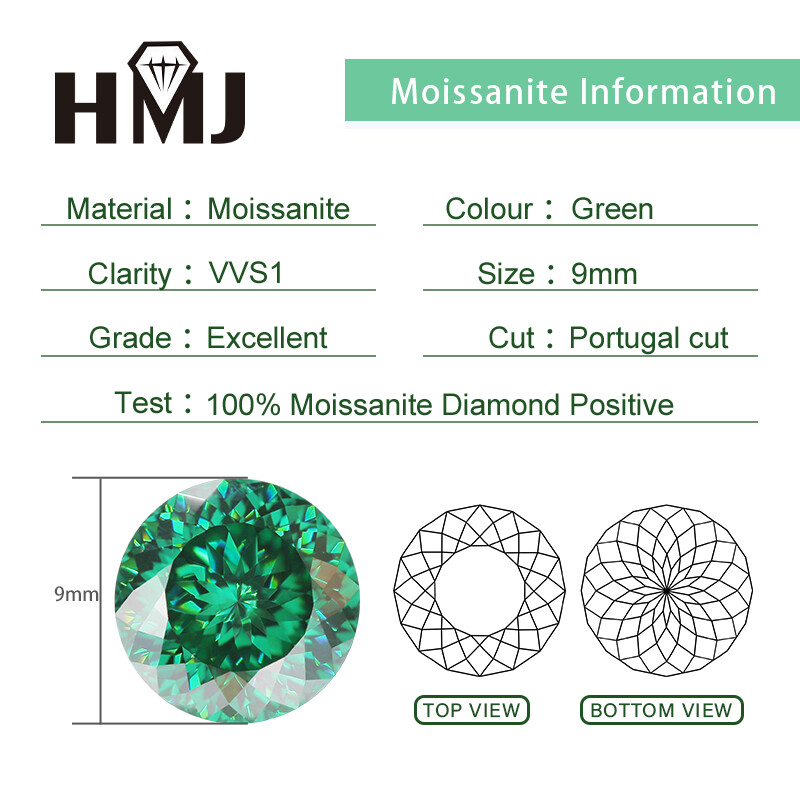 Portuguese Cut Round Moissanite Green Blue Color VVS1 GRA Handmade Loose Gems