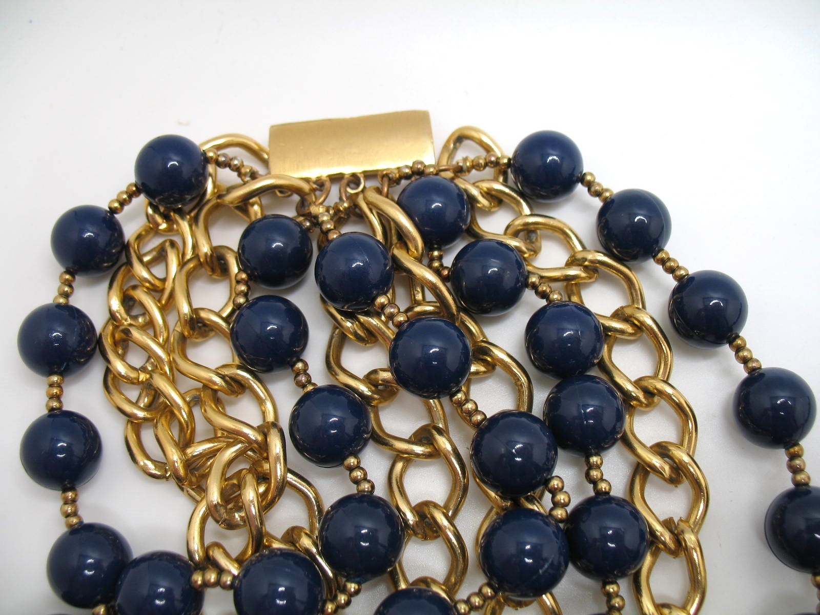 Vintage RJ Graziano 10-strand runway statement bib necklace Navy and goldtone