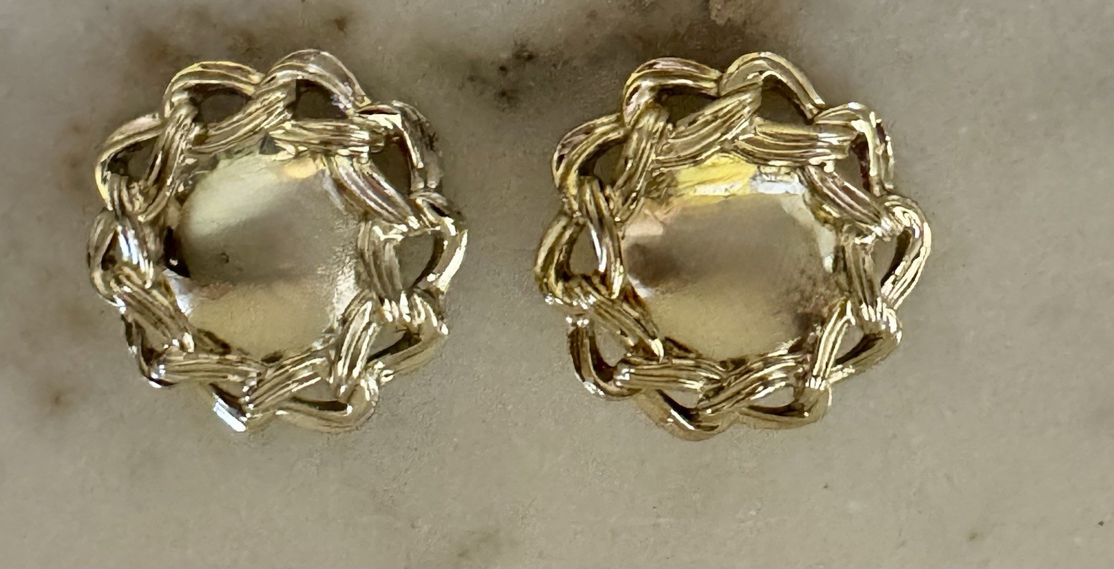 Vintage Gold Tone Twisted Rope Chain Border Button Clip On Earrings Domed 80s