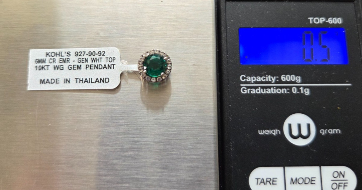 Vintage 10K White Gold Lab Created Emerald Small Round Pendant 0.5g