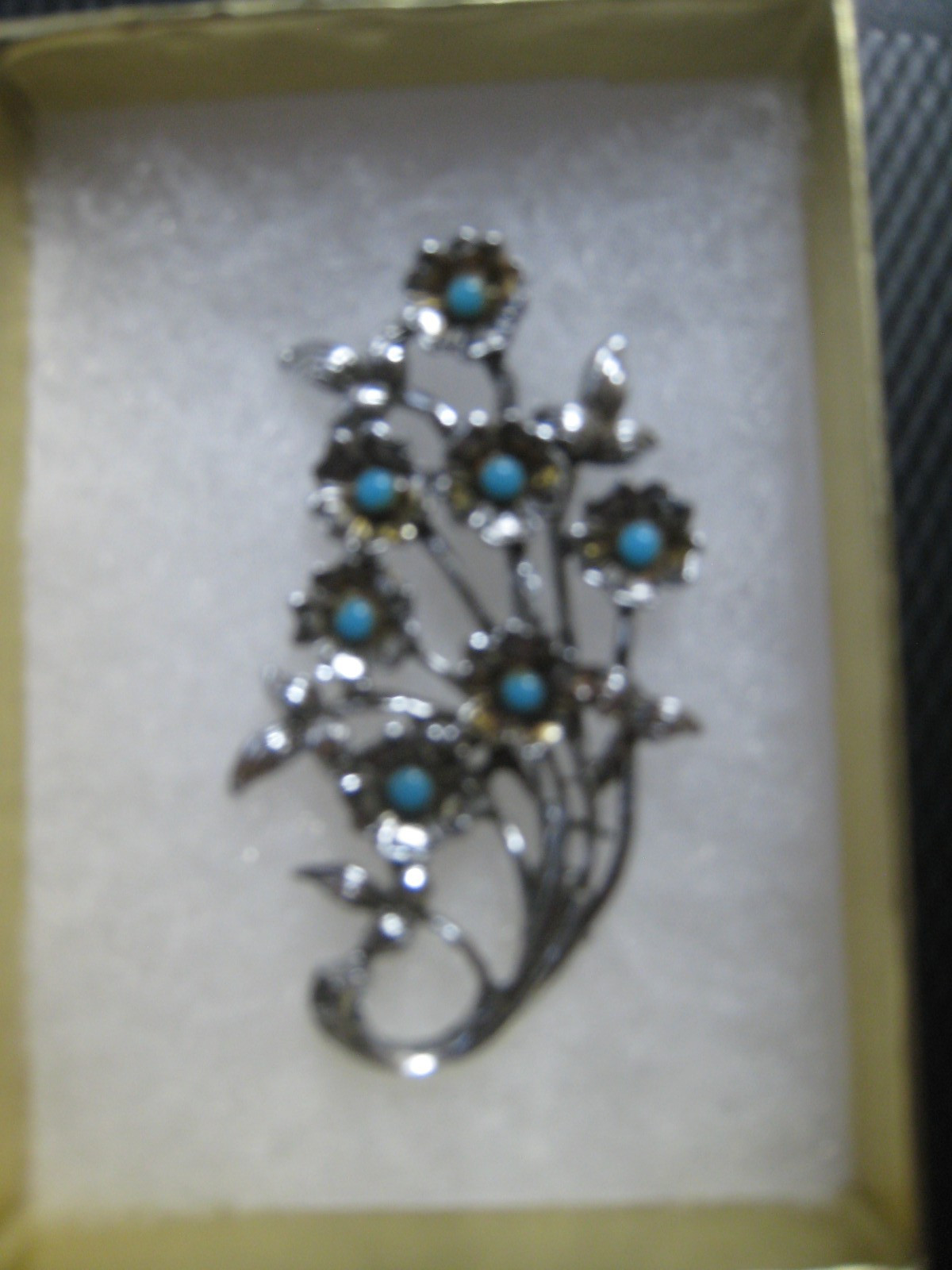 Vintage Turquoise and Silver-tone Floral Brooch by HTI -1950’s Circa