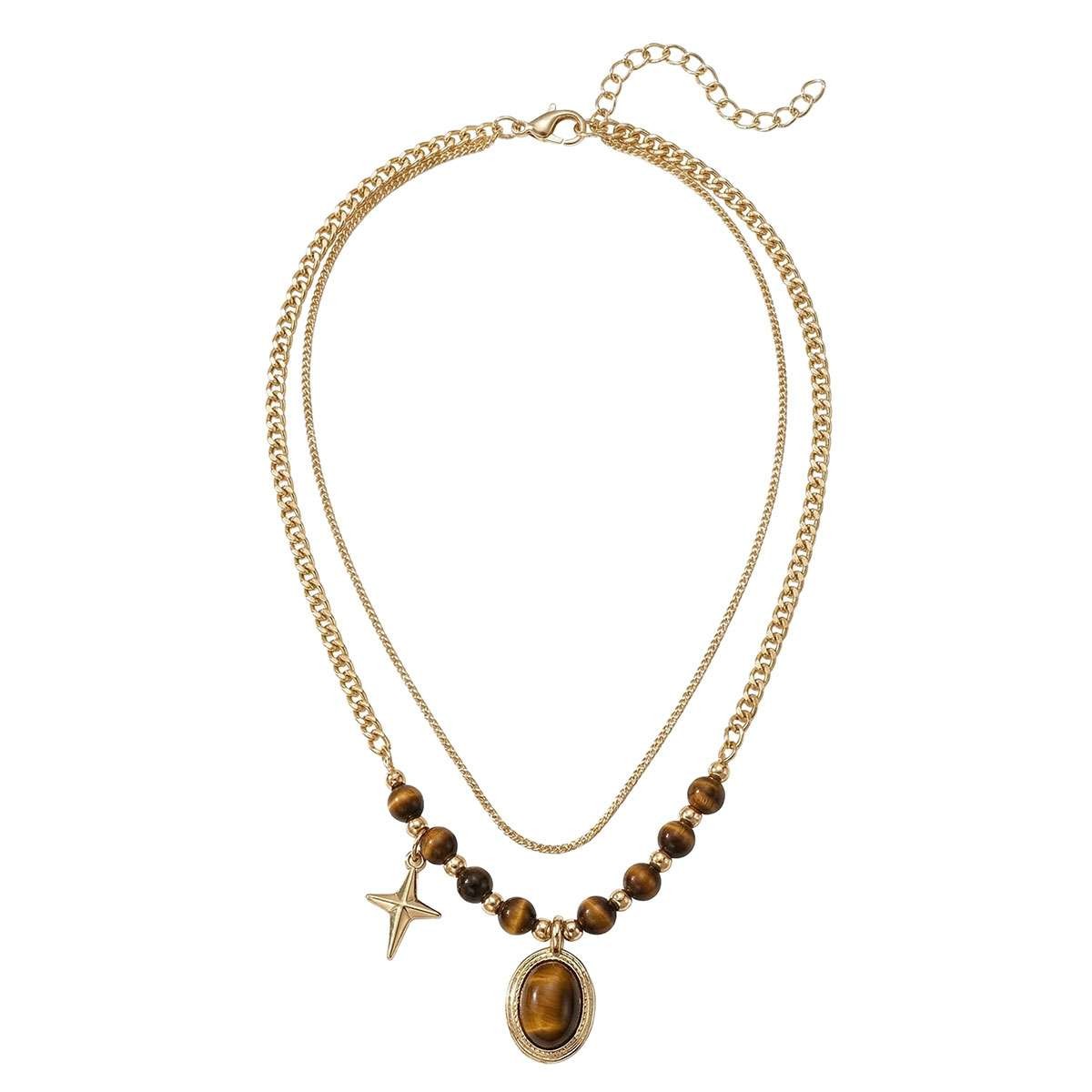 Tiger eye Beaded Necklace Healing Protection Handmade Women Double Pedant Stone