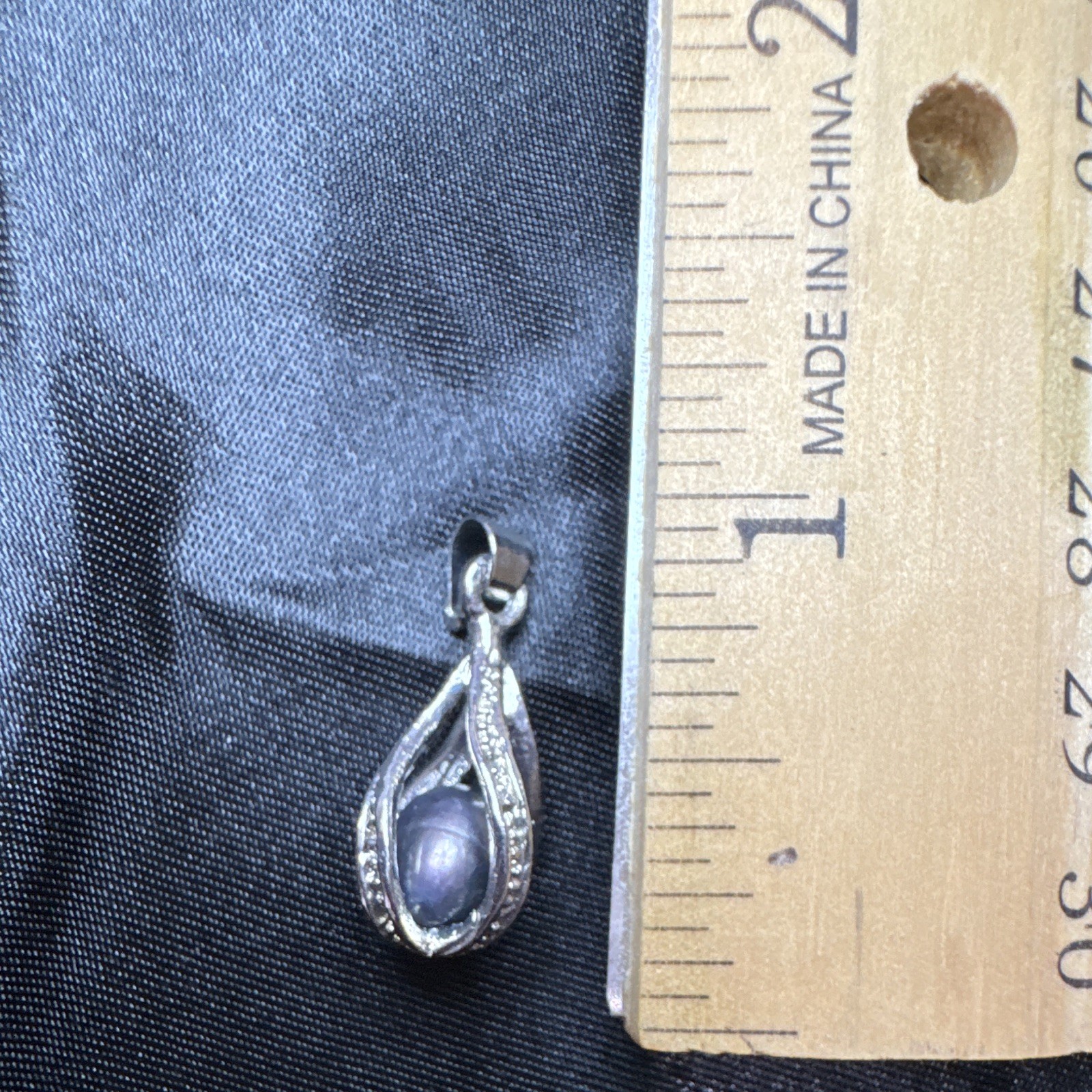 Silver-Tone Metal Teardrop Charm Pendant, Oval Purple Cabochon Stone, 1pc