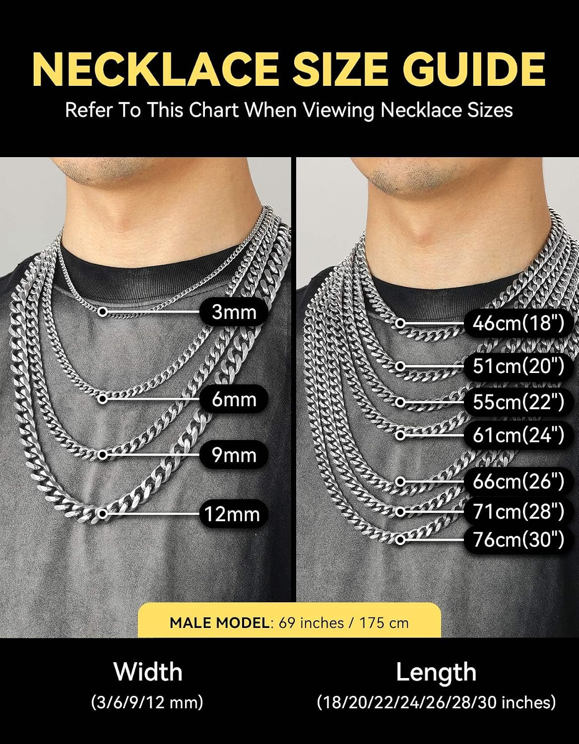 Miami Cuban Chain Necklace for Men Women, 3Mm/6Mm/9Mm/12Mm Width, 316L Stainless