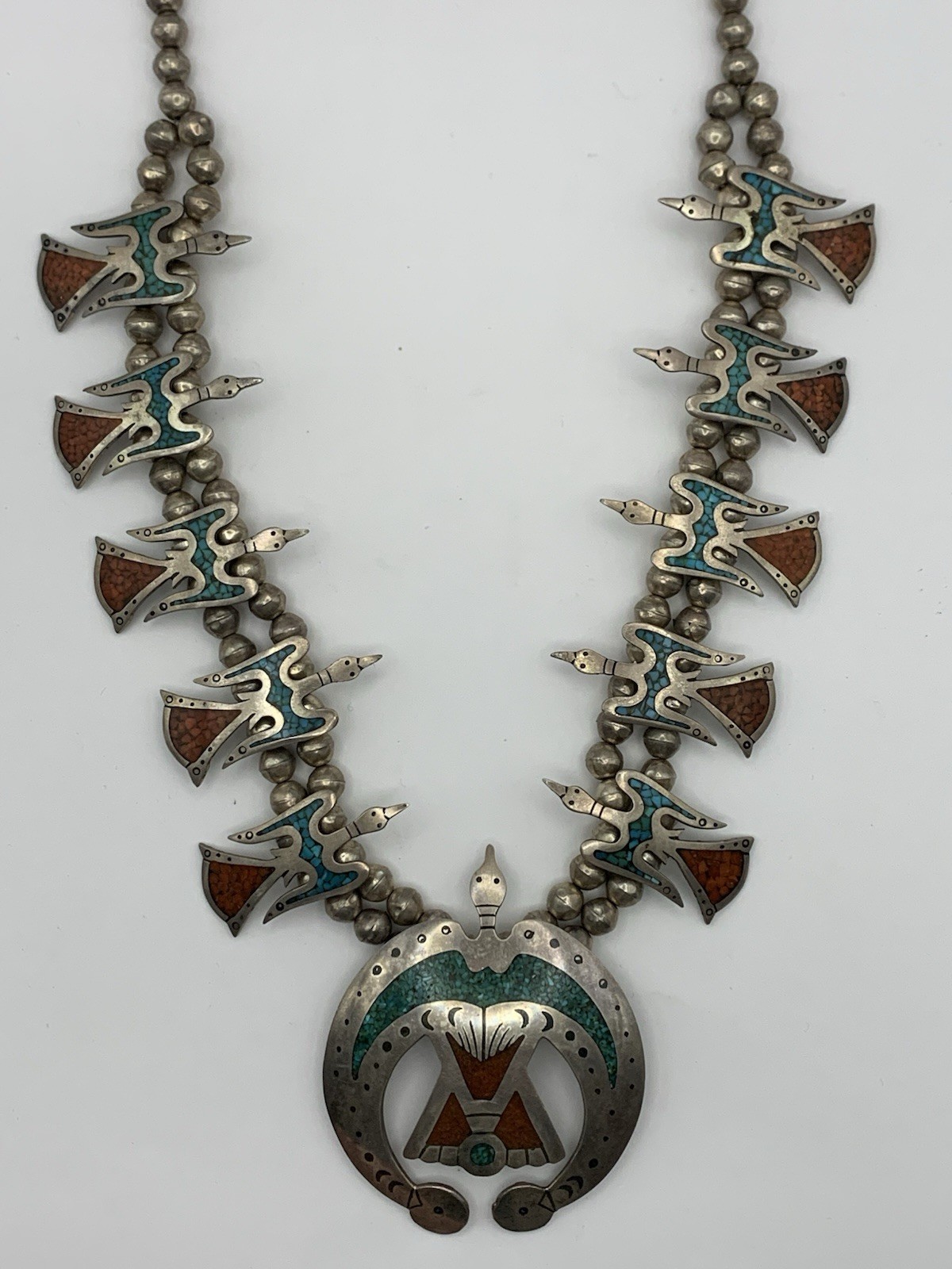 Vintage Sterling Silver Turquoise Coral Thunderbird Squash Blossom Necklace 191g