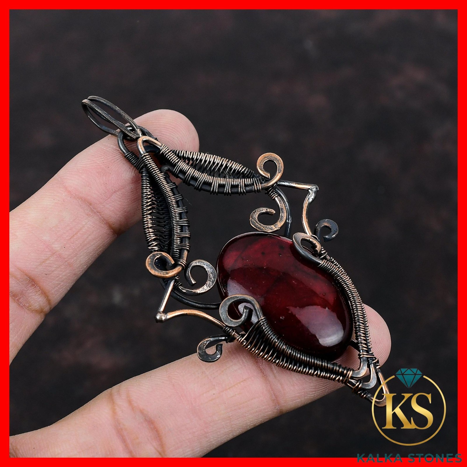 Third Eye Chakra Red Fire Labradorite Stone Copper Wire Wrapped Pendant Jewelry