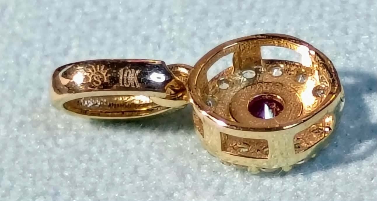 10K Yellow Gold Pink/Red Gemstone & White Sapphire Halo Pendant Charm C Pictures