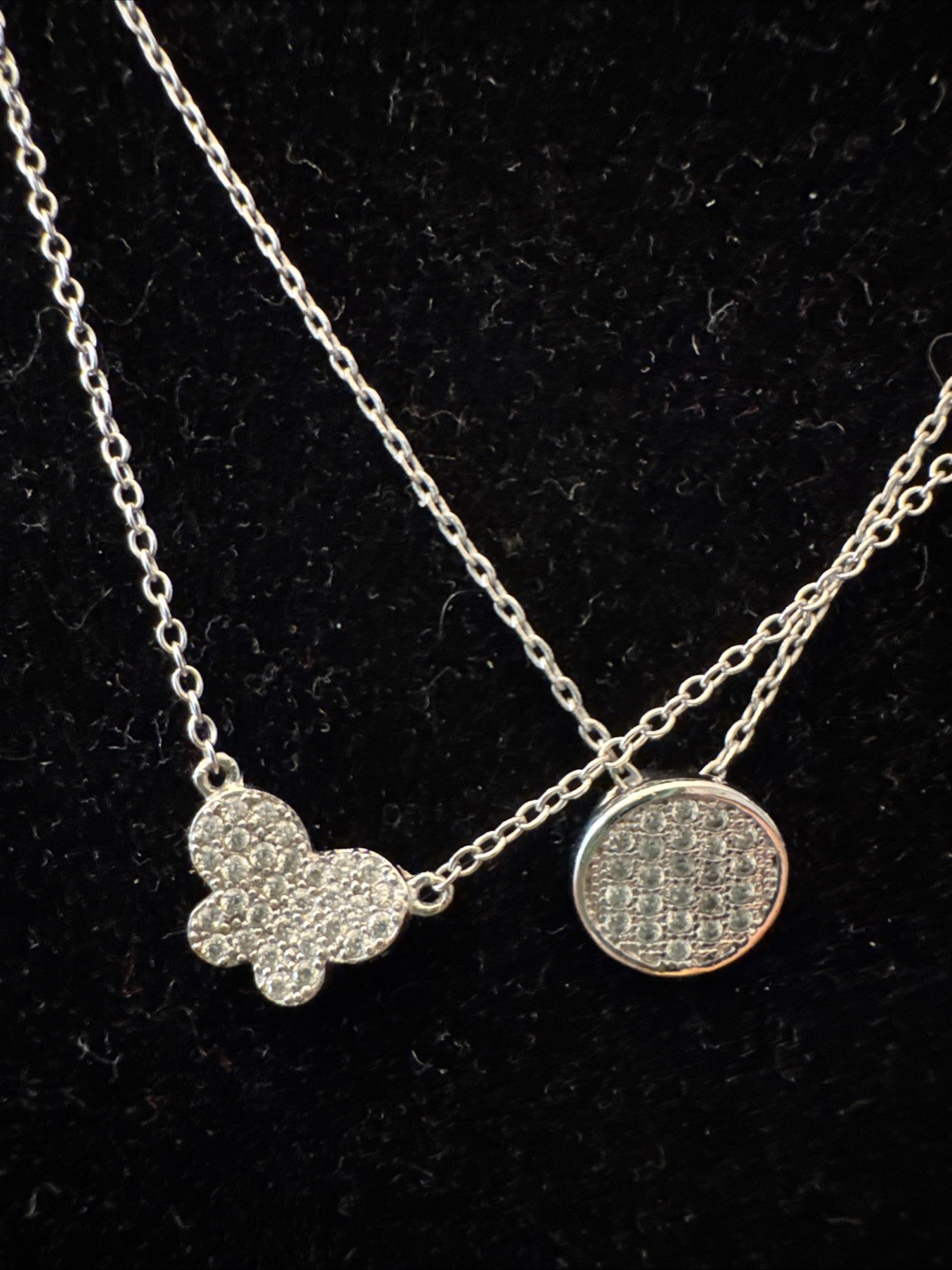 Lot Of 2 Pave Rhinestone Pendant Necklaces Silver Chains 16” plus 2”Extender 307