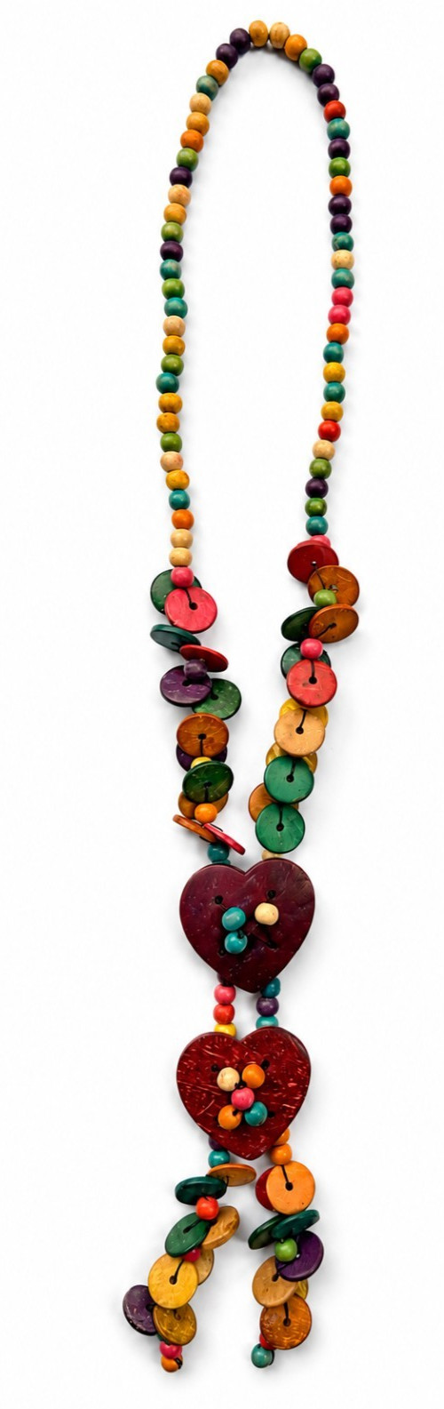 Boho Wooden Bead Necklace Coconut Shell Heart Pendant Handmade Hippie Jewelry