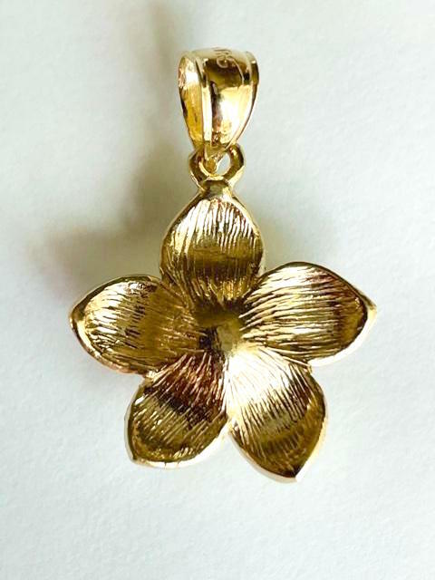 14K Solid Yellow Gold Hawaiian Plumeria Flower Pendant W: 3/4″ (18 mm) E26-18