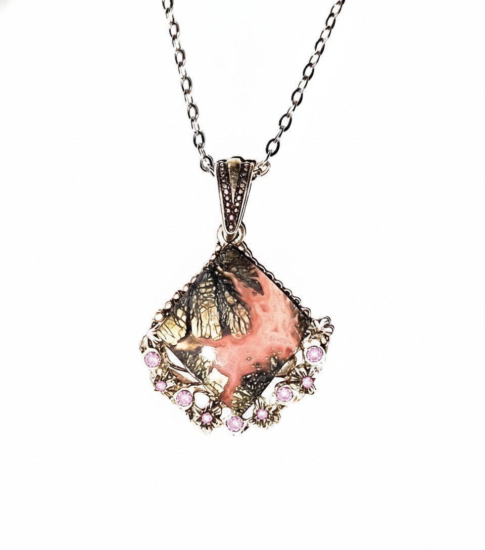 Beautiful Marcasite Agate cabochon necklace on SP setting and CZ around it 72