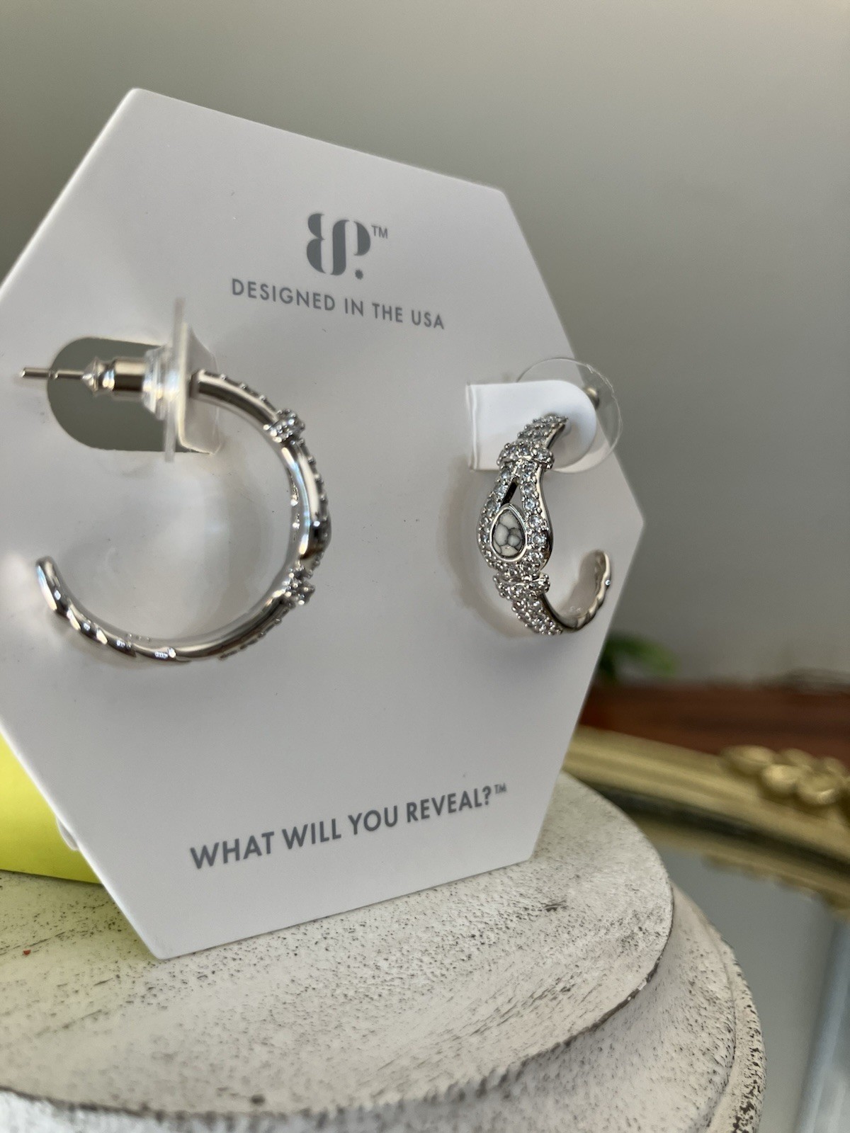 Bomb Party OG Earrings “Serving Looks” Howlite Hoops On Rhodium ER49507