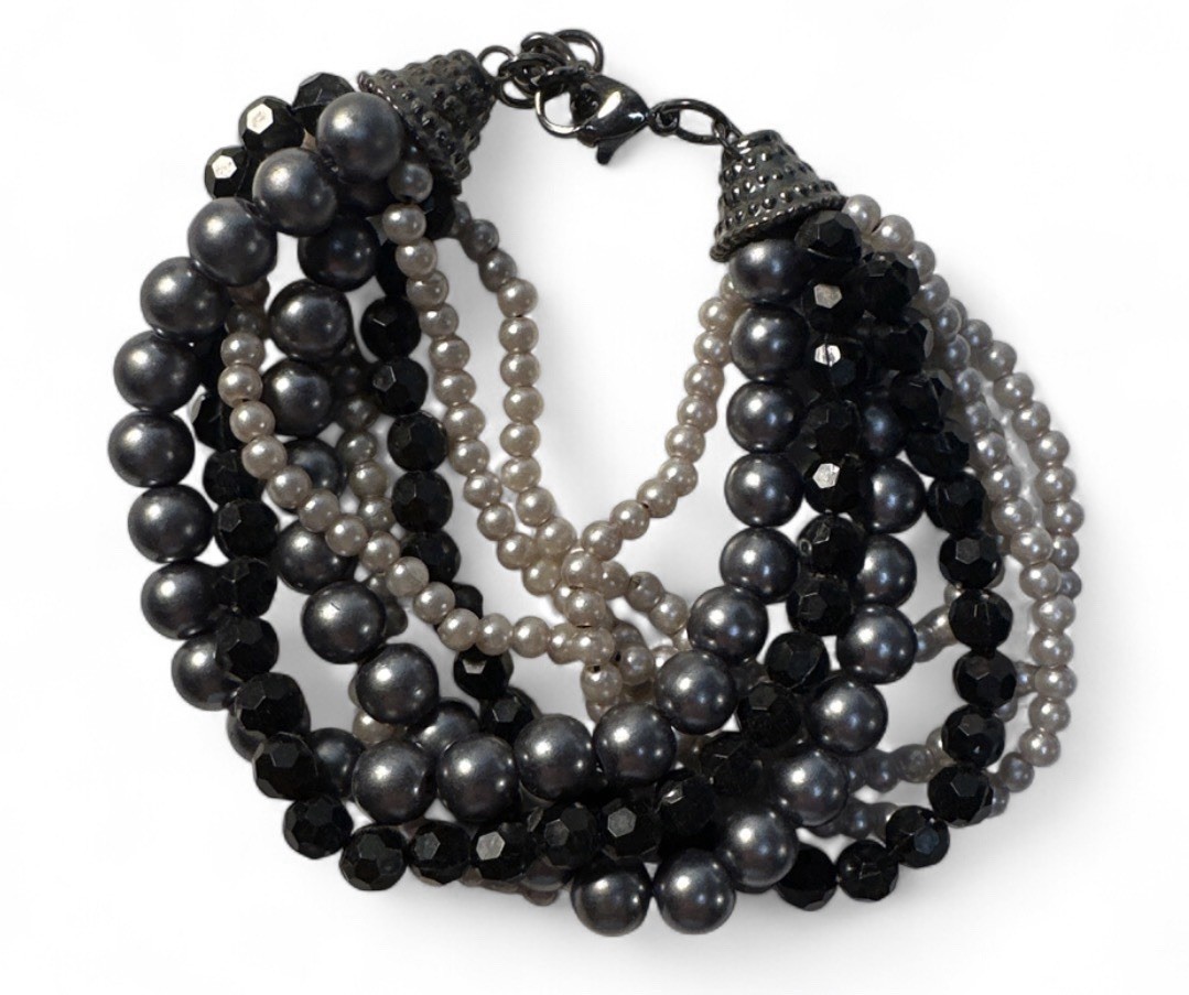Multi-Strand Beaded Bracelet Faux Pearl in Black Ombre to Light Gray