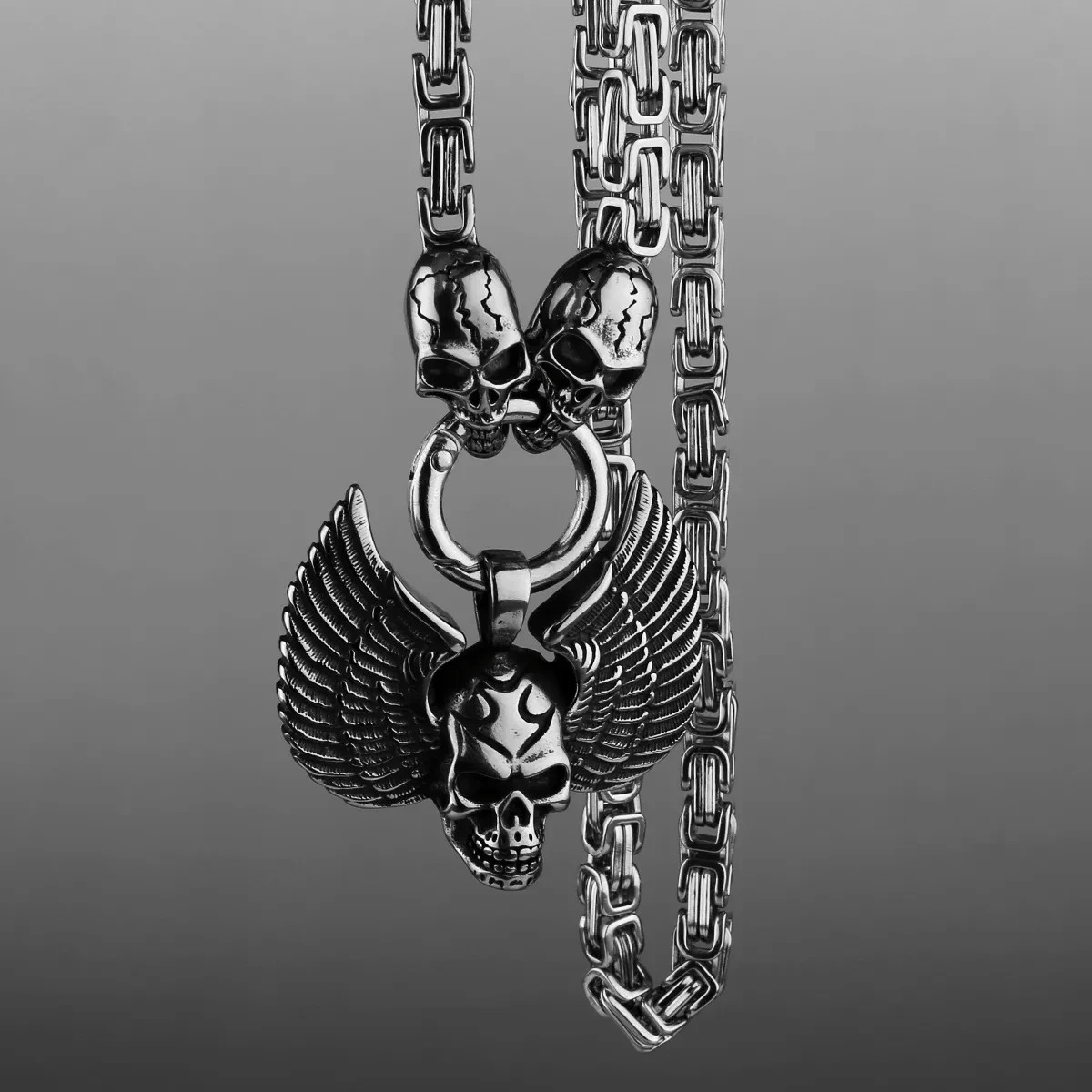 Gothic Winged Skull Pendant Necklace Men Titanium Stainless Steel Biker Jewelry