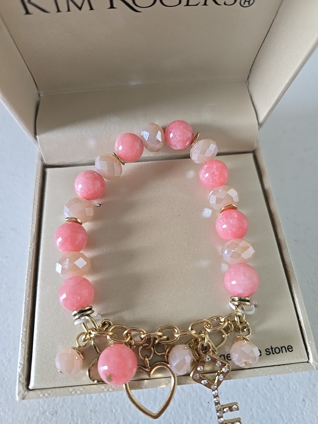 Kim Rogers Genuine Stone Pink Charm Bracelet New With Box