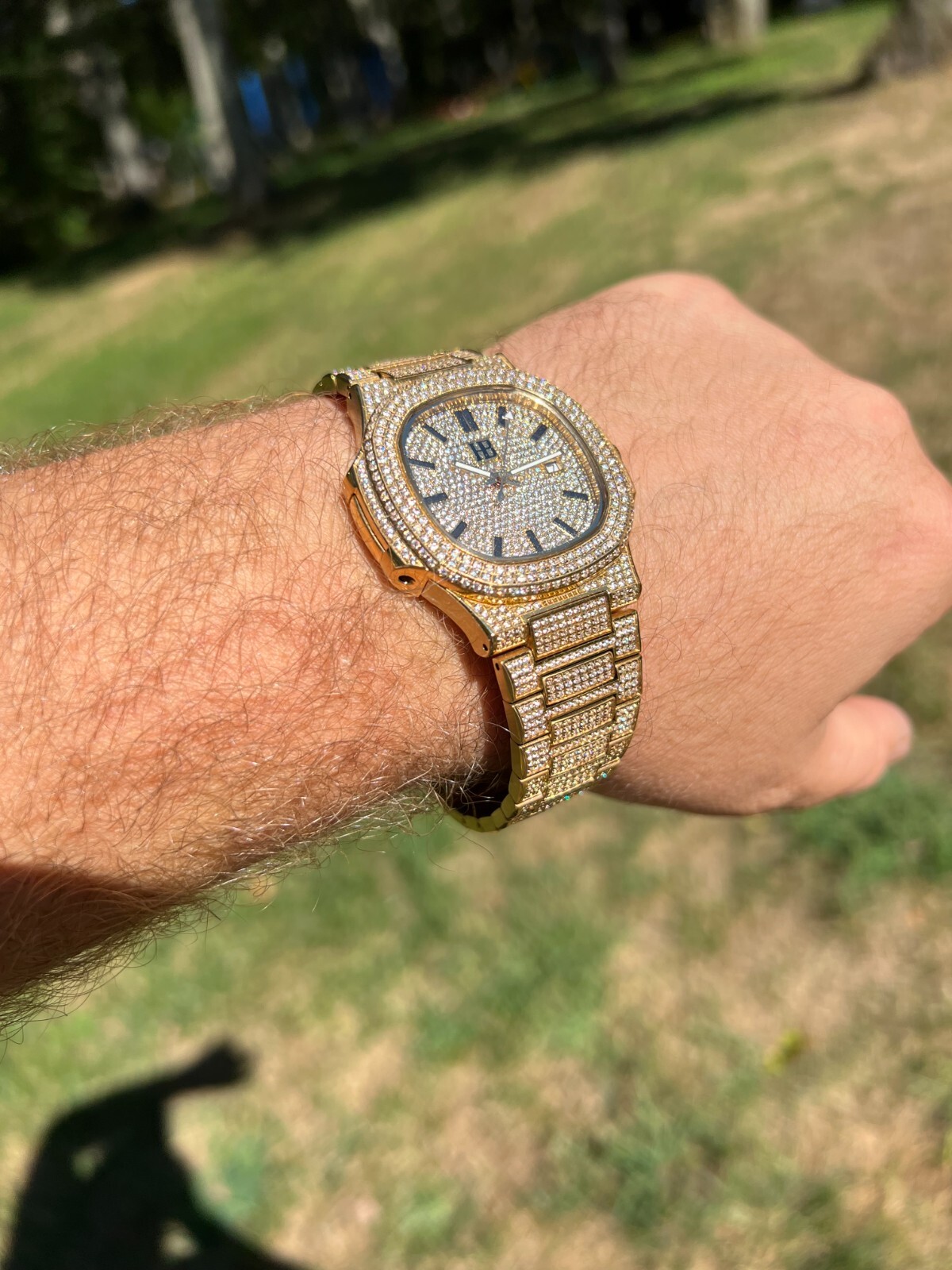 Real Mens Watch Fully Iced Gold Over Stainless Steel Bust Down Out 41mm Hip Hop
