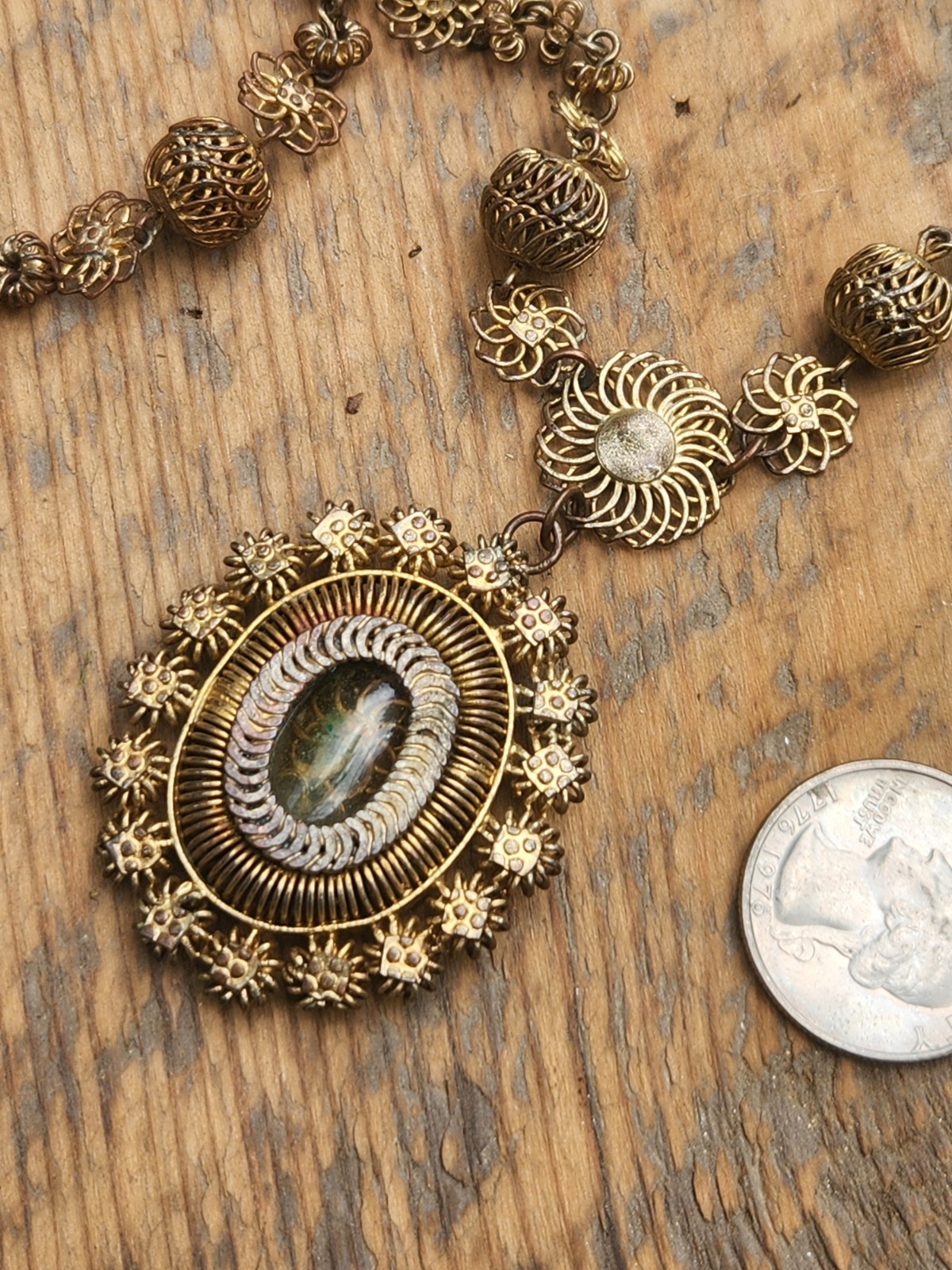 Antique Tambourine Reliquary Necklace Filigree Window Philippines Gold Gilt