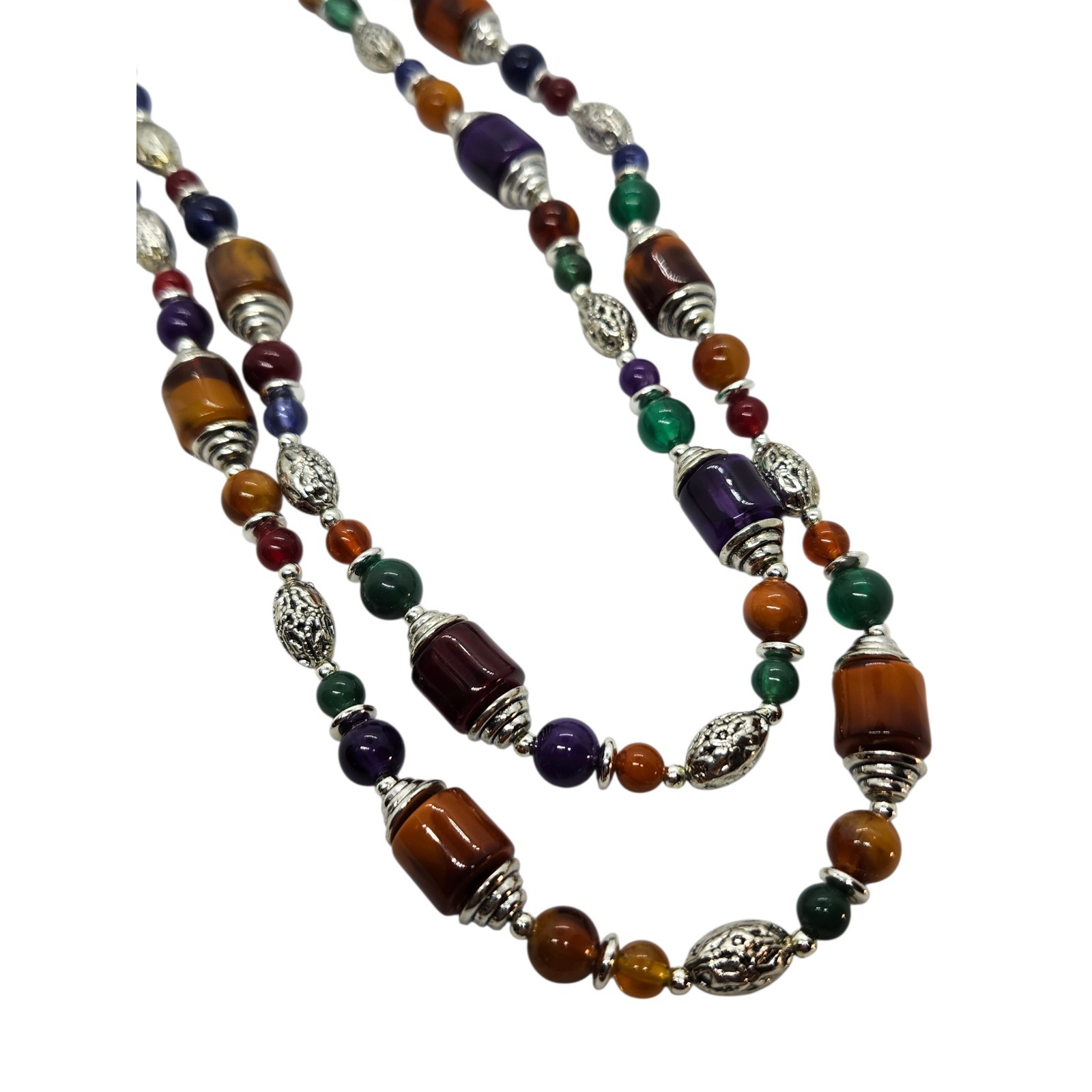 48″ Long Multi-Colored Red Blue Green Brown Orange Beads Silver Toned Necklace