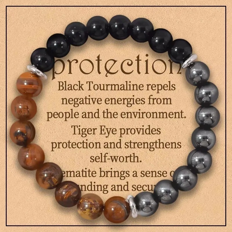 Triple Protection Bracelet Tiger Eye Obsidian Hematite 8mm Bead Stretch