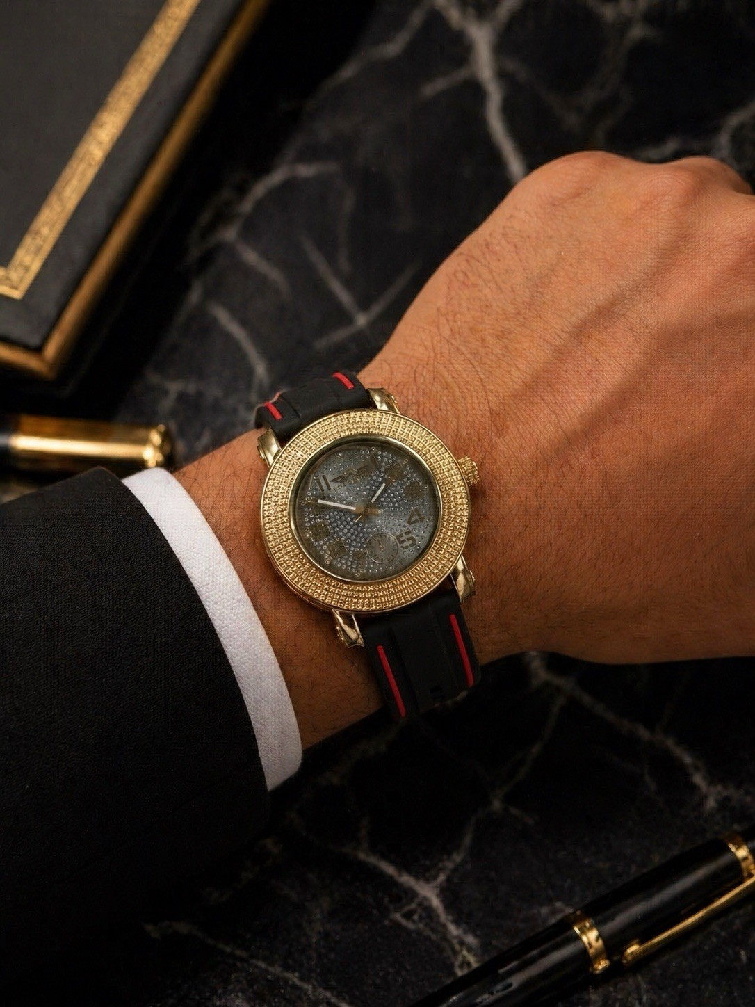 King Master Gold Tone Men’s Watch Black Red Strap Luxury Preowned