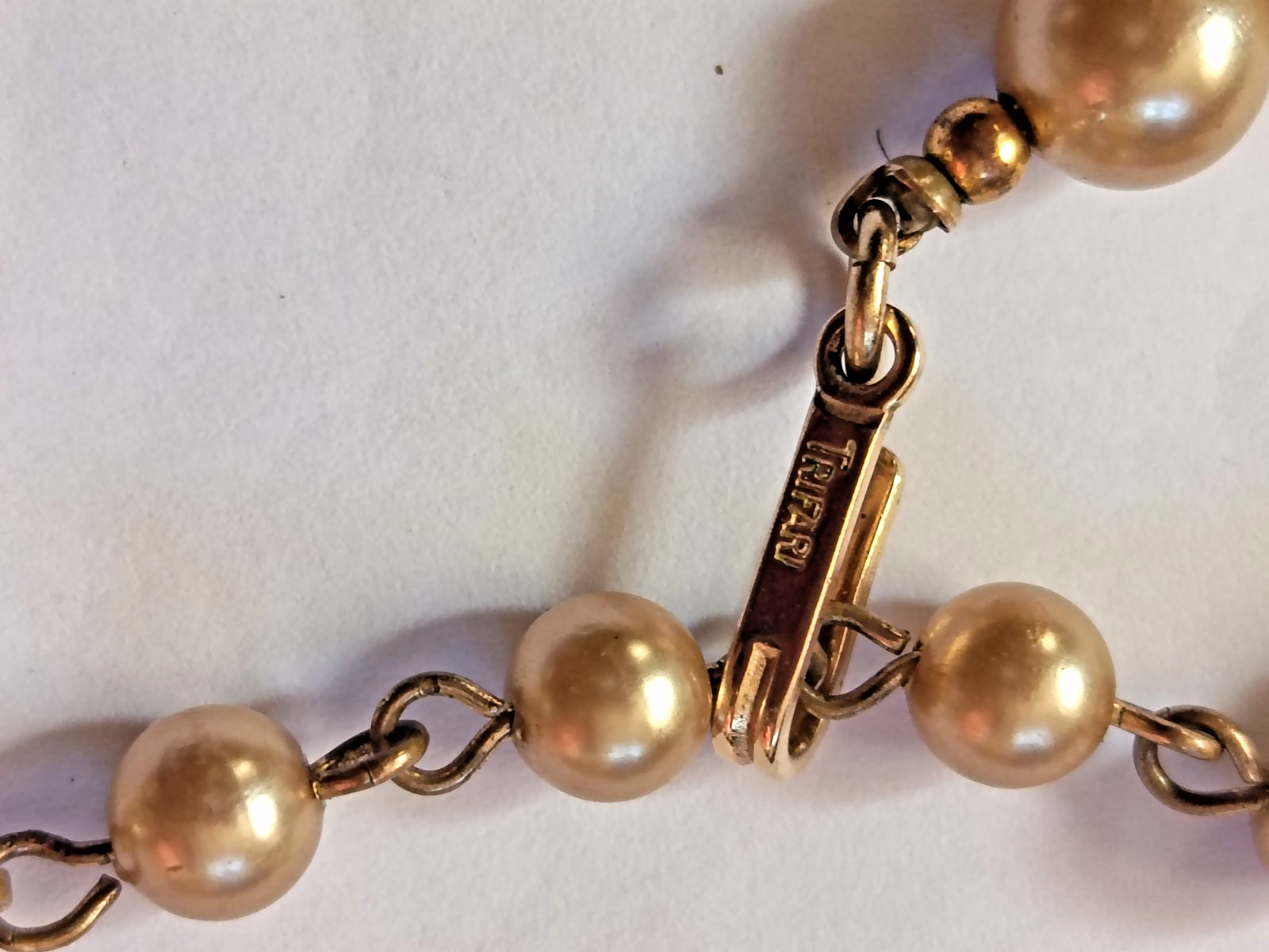 Trifari One Strand Faux Pearl & Goldtone Textured Ball Bead Necklace