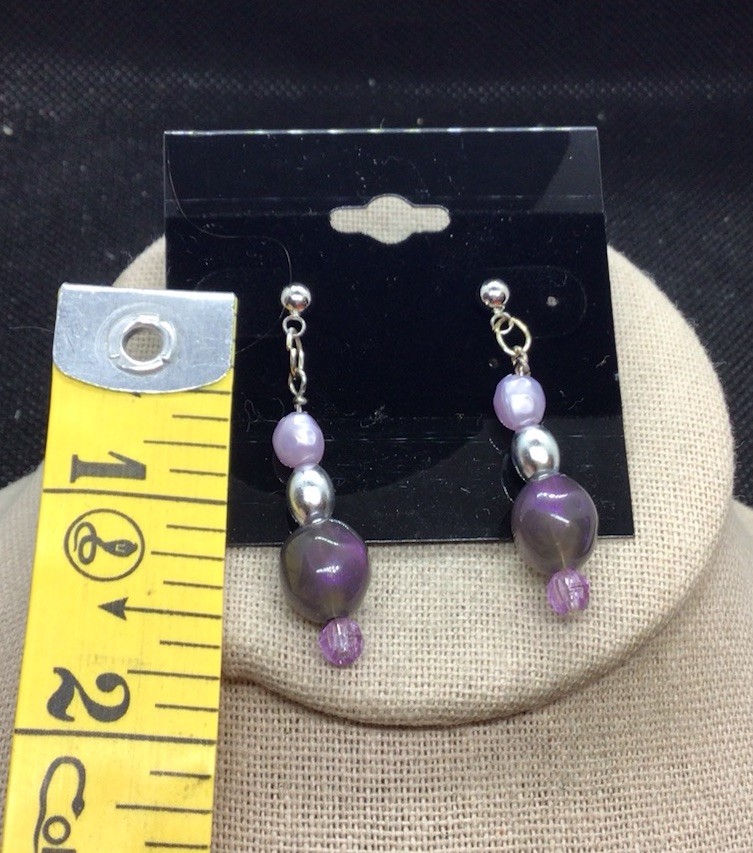 Artisan Handcrafted Shades of Purple Plastic Beaded/Silver Beaded Earrings G094