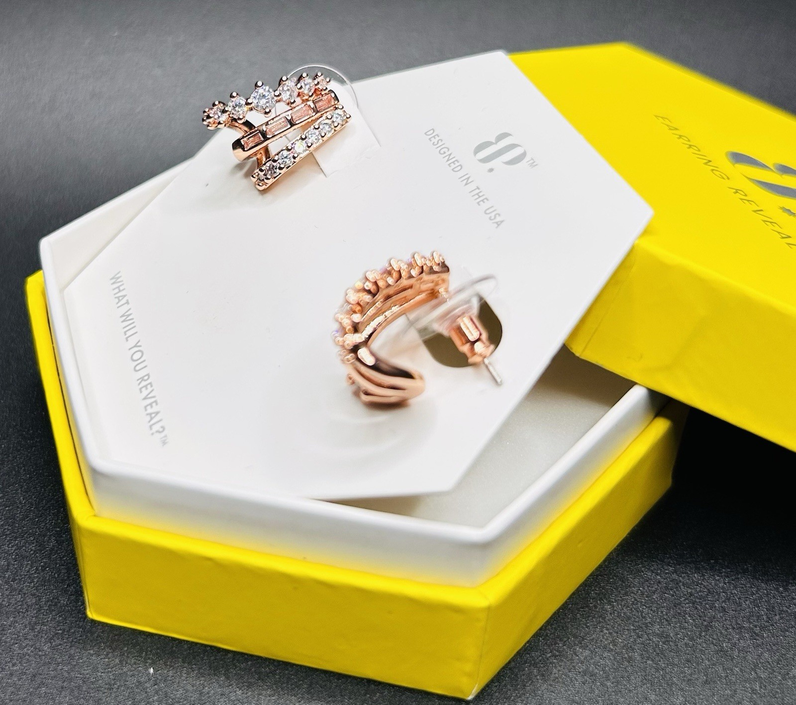 Bomb Party Earrings ER14196 “Filing Late, Looking Rich” Diamond CZ on Rose Gold