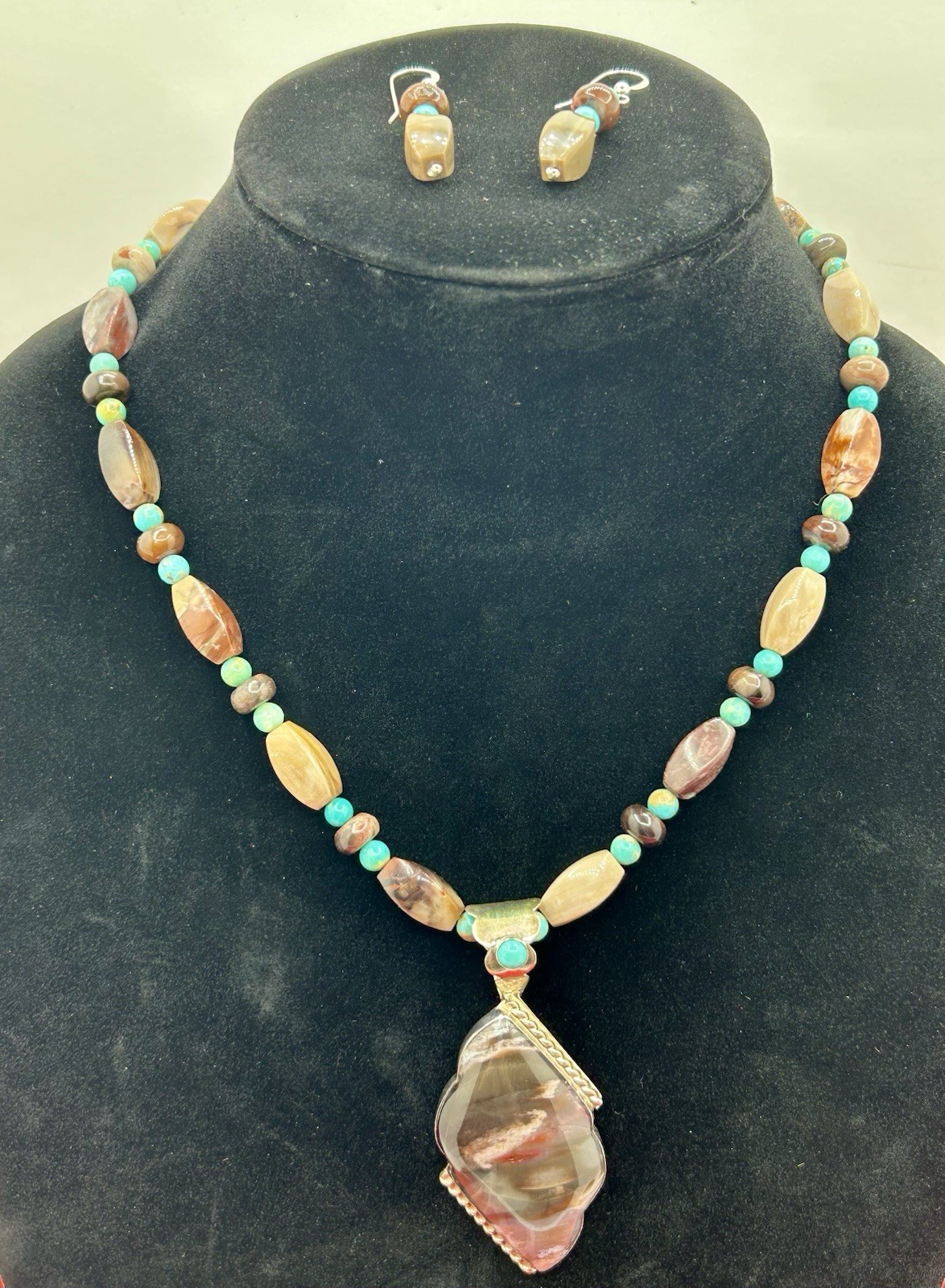 925 Jay King Turquoise And Jasper Necklace/pendant And Earrings 17-21”