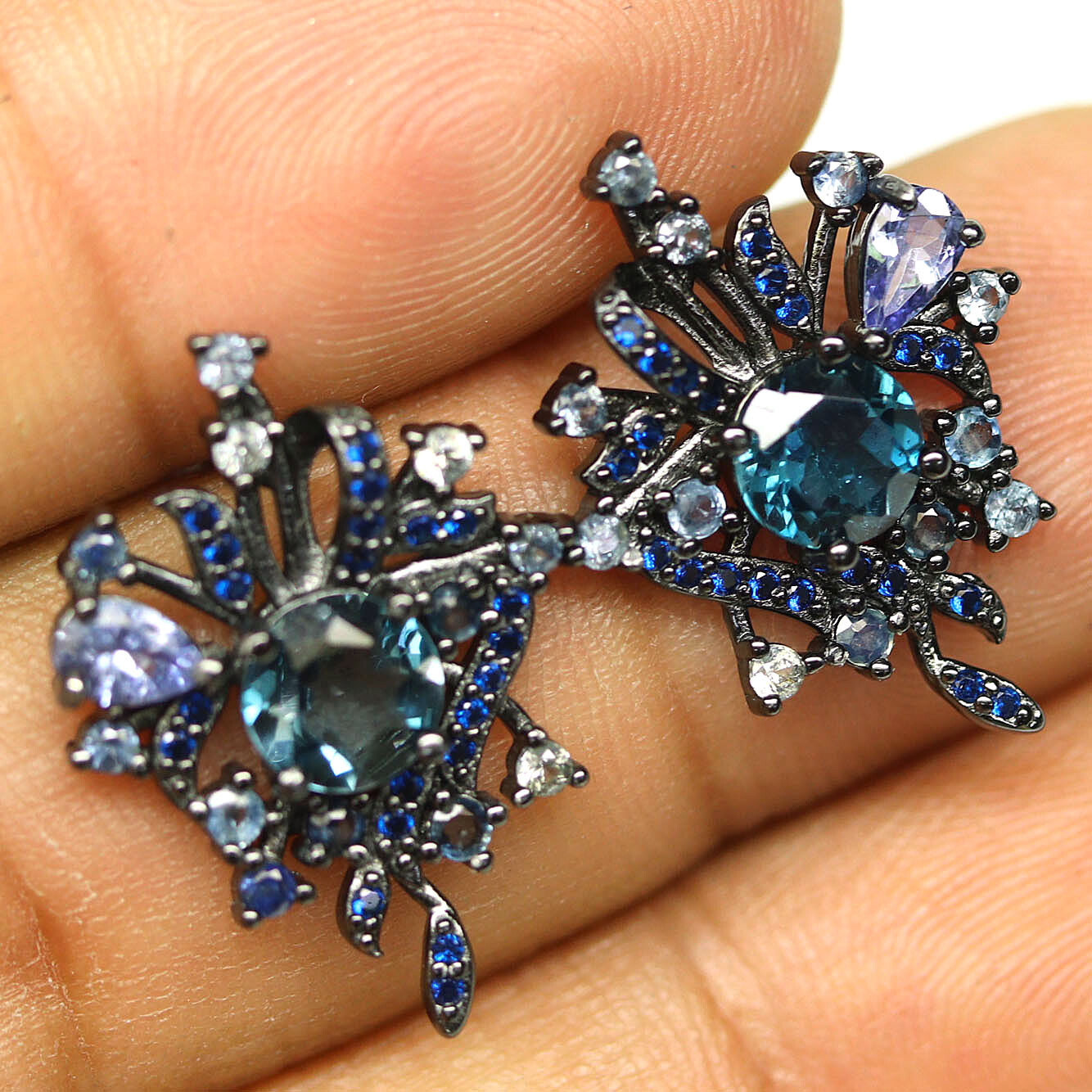 925 Silver London Blue Topaz, Tanzznite, Sapphire & Cubic Zirconia Earrings