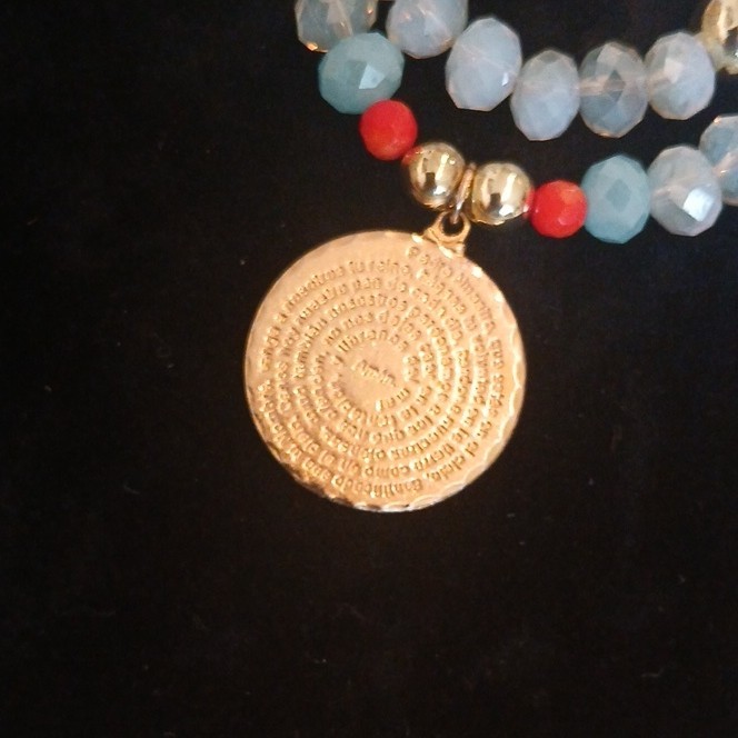 Blue Stone Beaded Double Strand Wrap Charm Bracelet, Gold Tone Round Coin