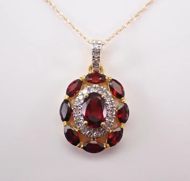 Oval Cut Simulated Red Garnet Fancy Halo Pendant Chain In 14k Yellow Gold Plated