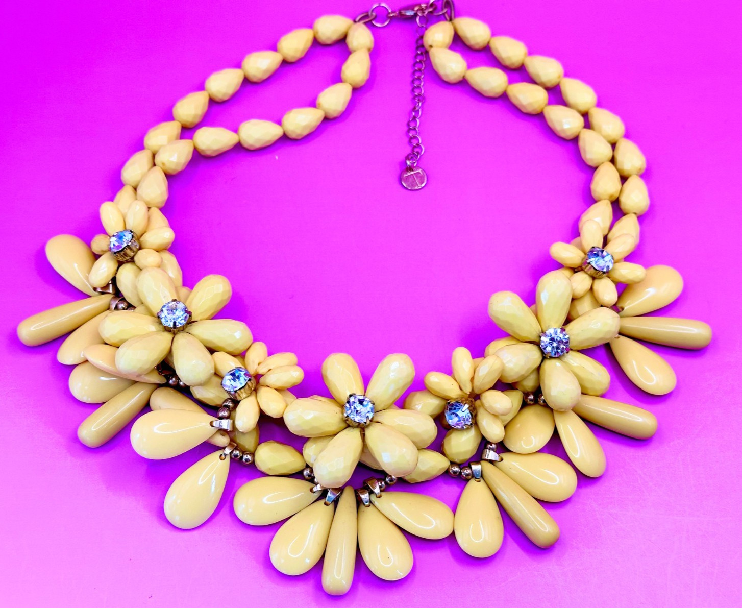 Signed T Faceted Yellow Beads & Rhinestones Fashion Necklace Vintage