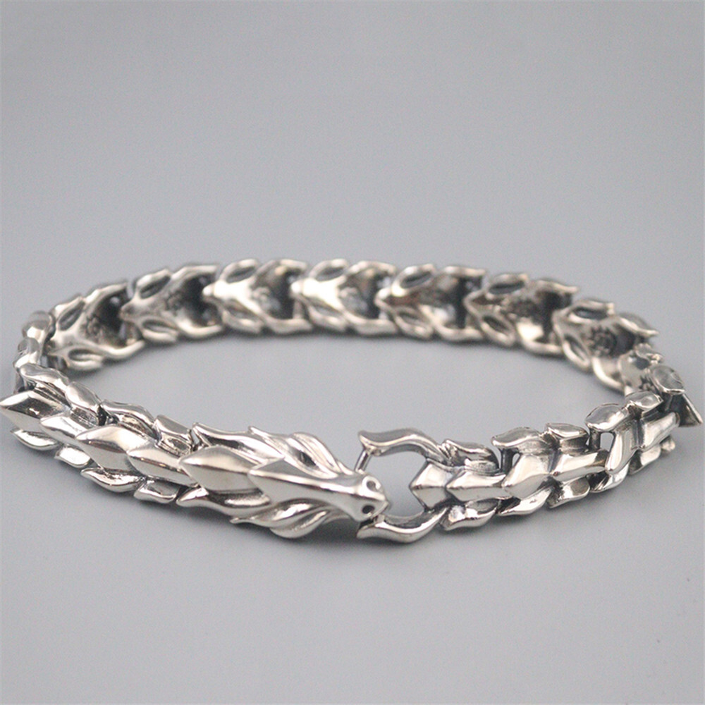 Solid S925 Sterling Silver Chain Men 11mm Dragon Bone Link Bracelet 60-61g 7.9in