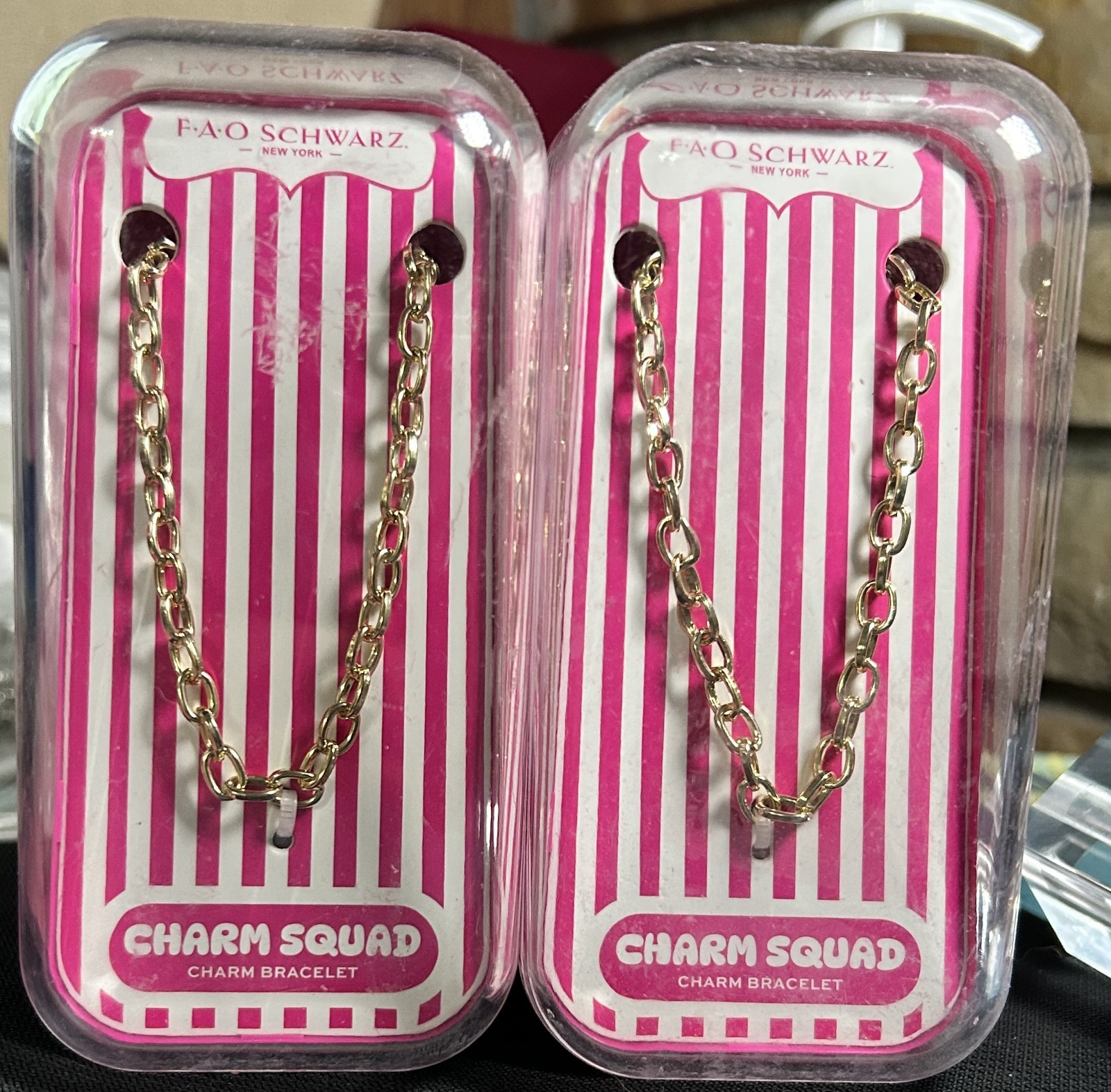 Set of 2 FAO Schwarz Charm Squad Gold Tone Link Chain Bracelets NIB Sealed
